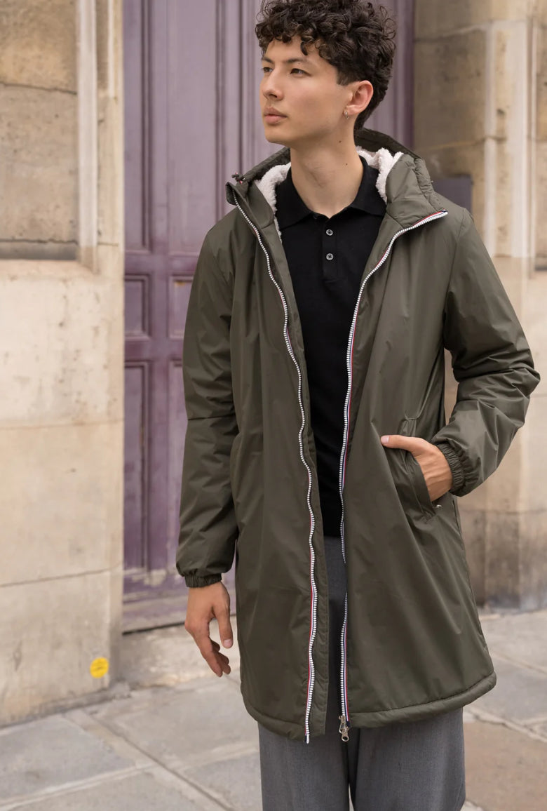 LAURA JO - Parka Imperméable Homme LOUIS* LONG Kaki / sherpa écru • DÉSTOCKAGE sur Taille S