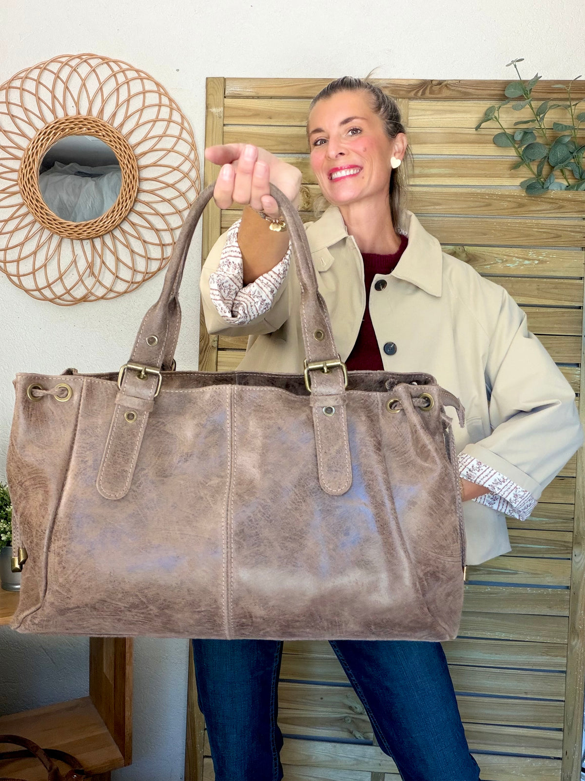 Sac cabas XL en cuir vieilli • COOPER Taupe