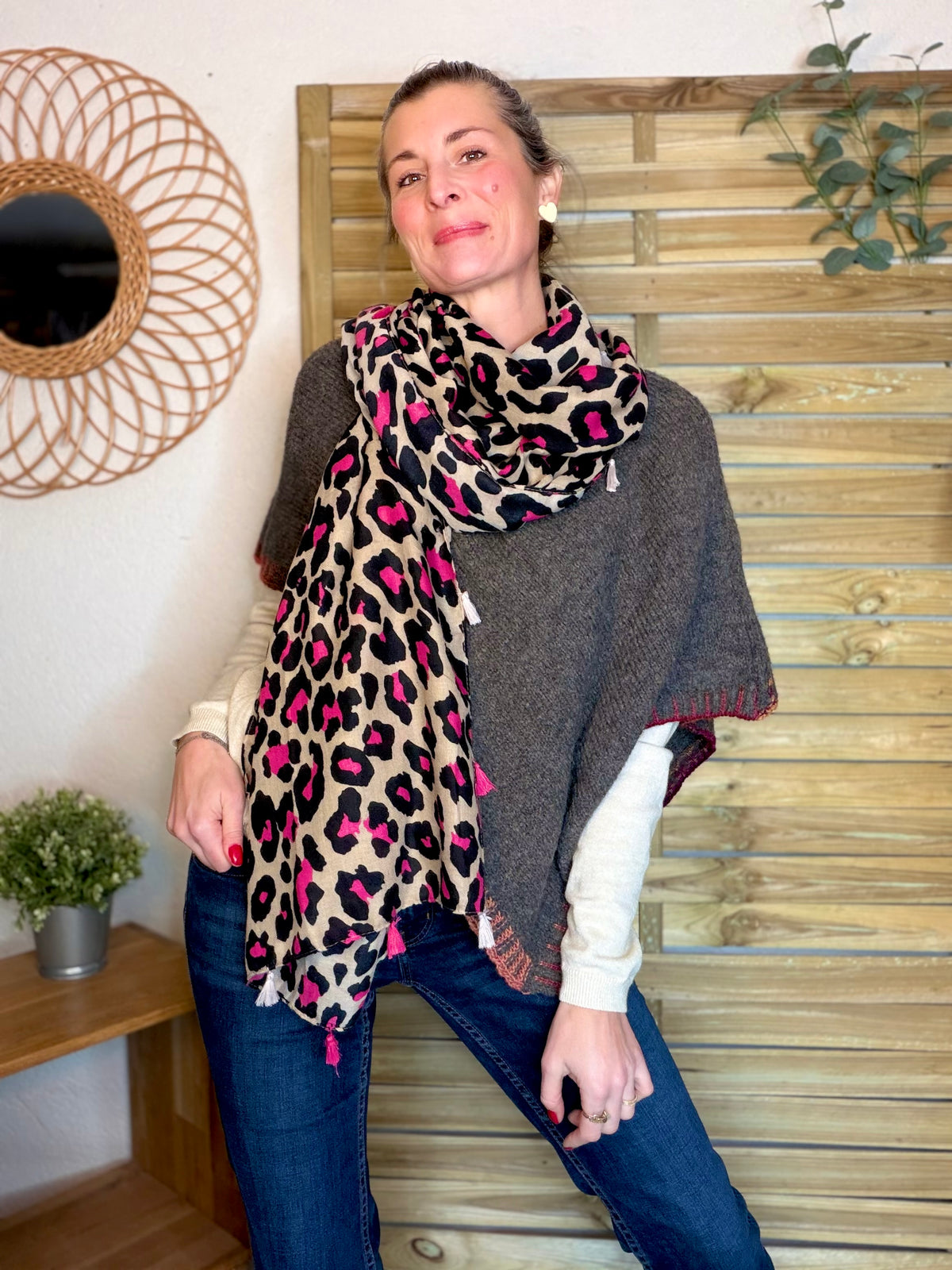 Foulard Léo CLEM - Beige / Fuschia 🐆