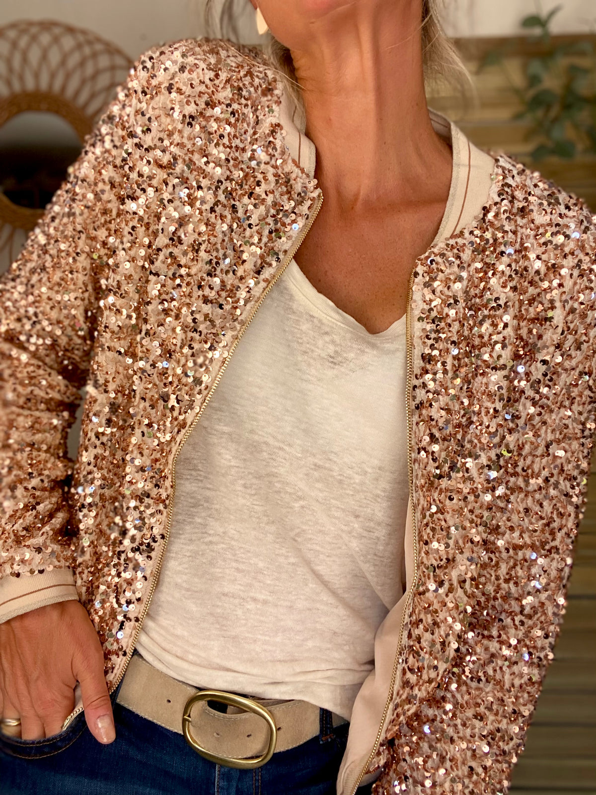 Veste bombers beige avec sequins Rose Gold KIM - FIN DE SÉRIE