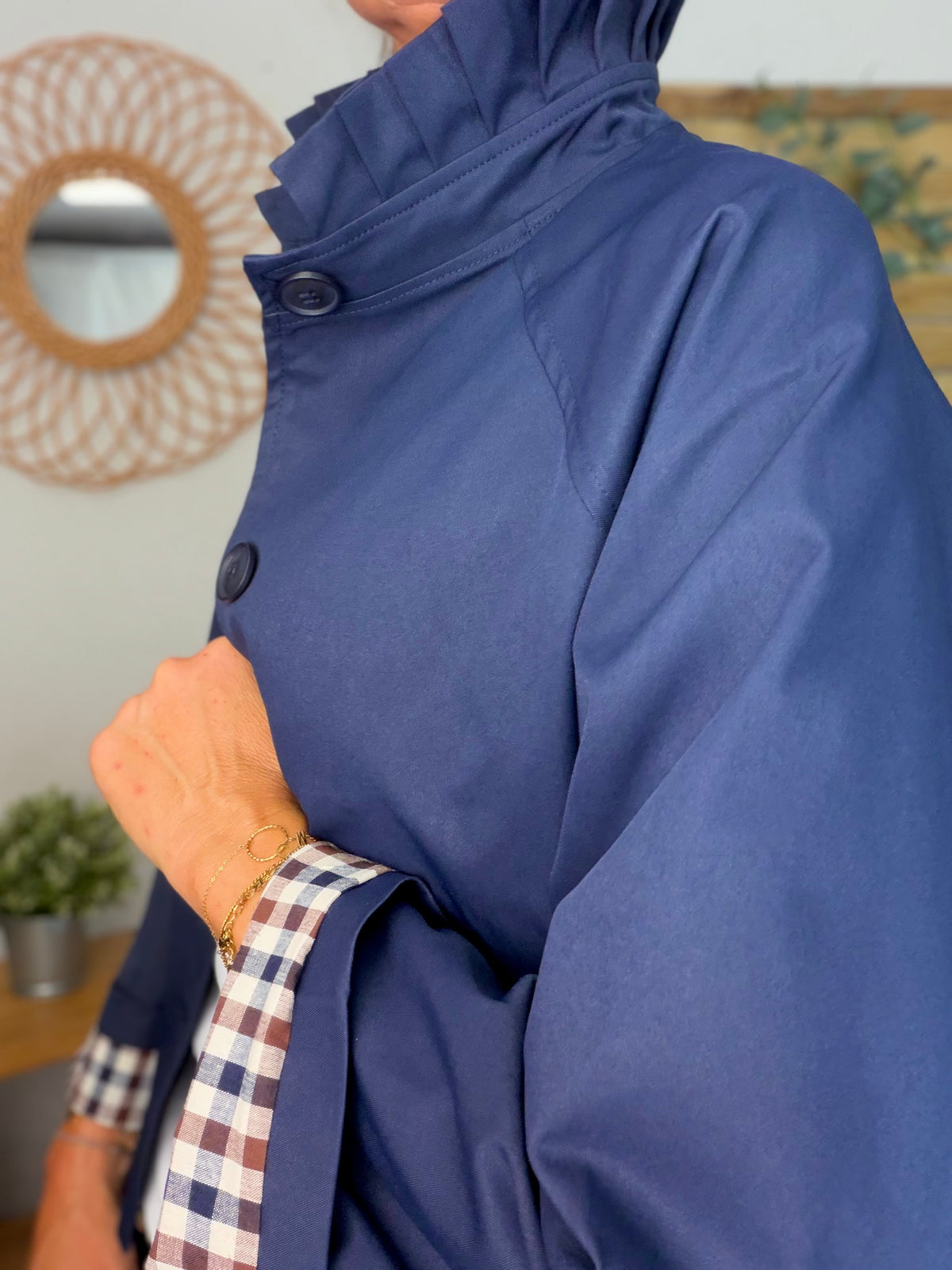 Veste Trench col victorien, revers carreaux - VICKY Bleu marine