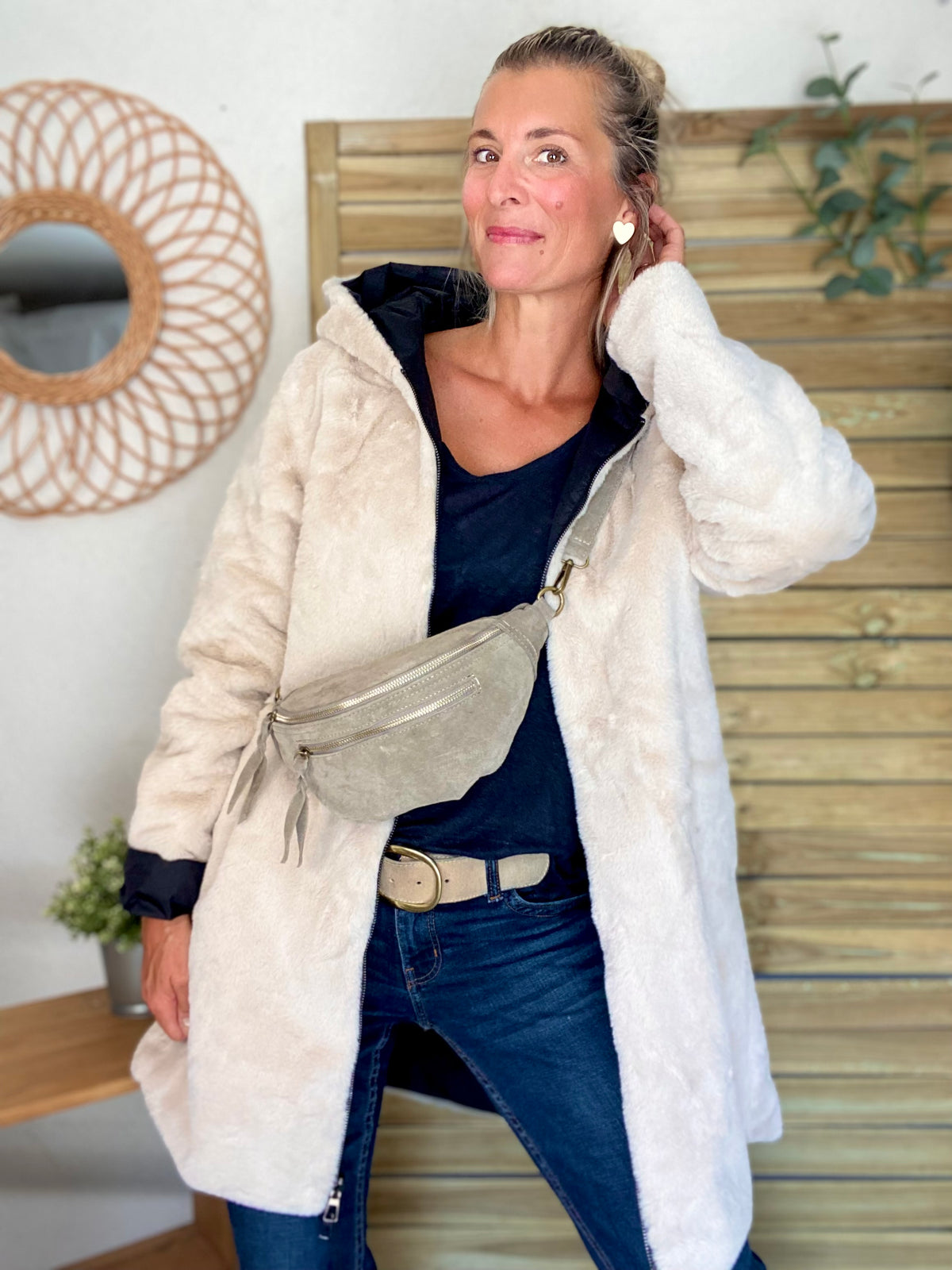 LAURA JO - Parka Imperméable réversible fourrée Noir / Beige ALIX long