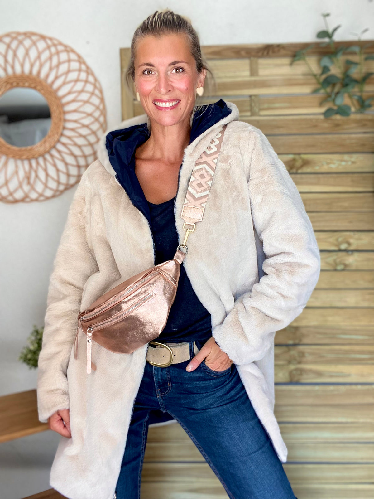 LAURA JO - Parka Imperméable réversible fourrée Bleu marine / Beige ALIX Long