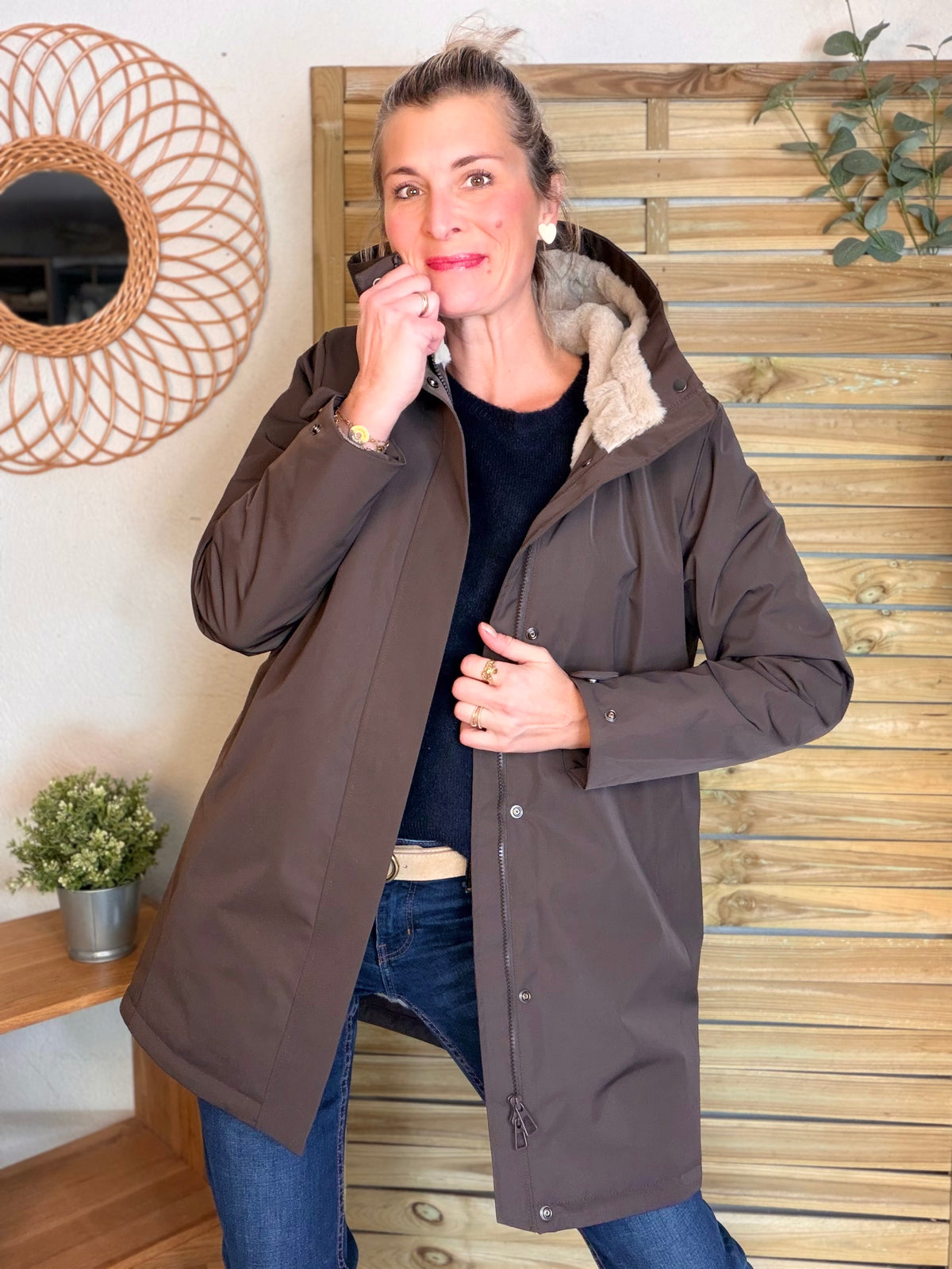 LAURA JO - Parka fourrée imperméable AMBRE LONG - Chocolat / Beige