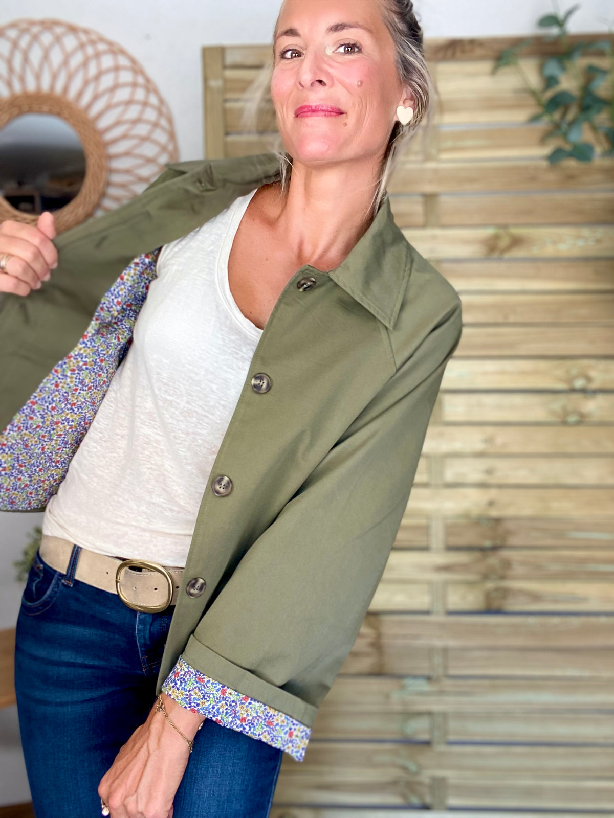 Veste Trench en coton kaki avec Liberty - MAHAUT - LILI et LALA