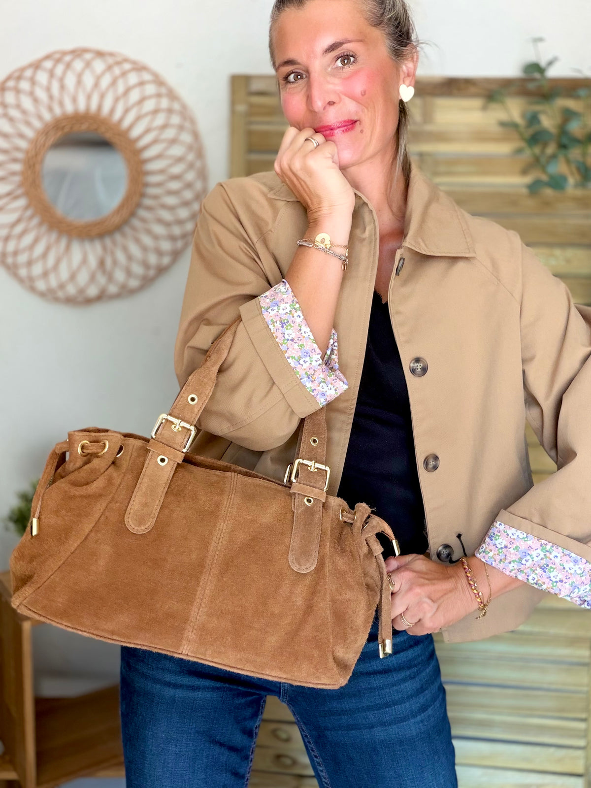 Sac à main en cuir daim GERY - Camel