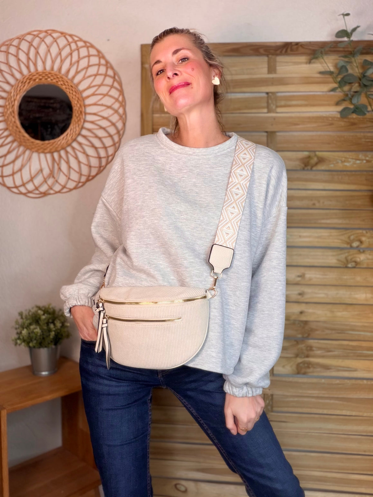 Sac banane en velours côtelé, sangle fantaisie - KATY - Beige clair - FIN DE SÉRIE