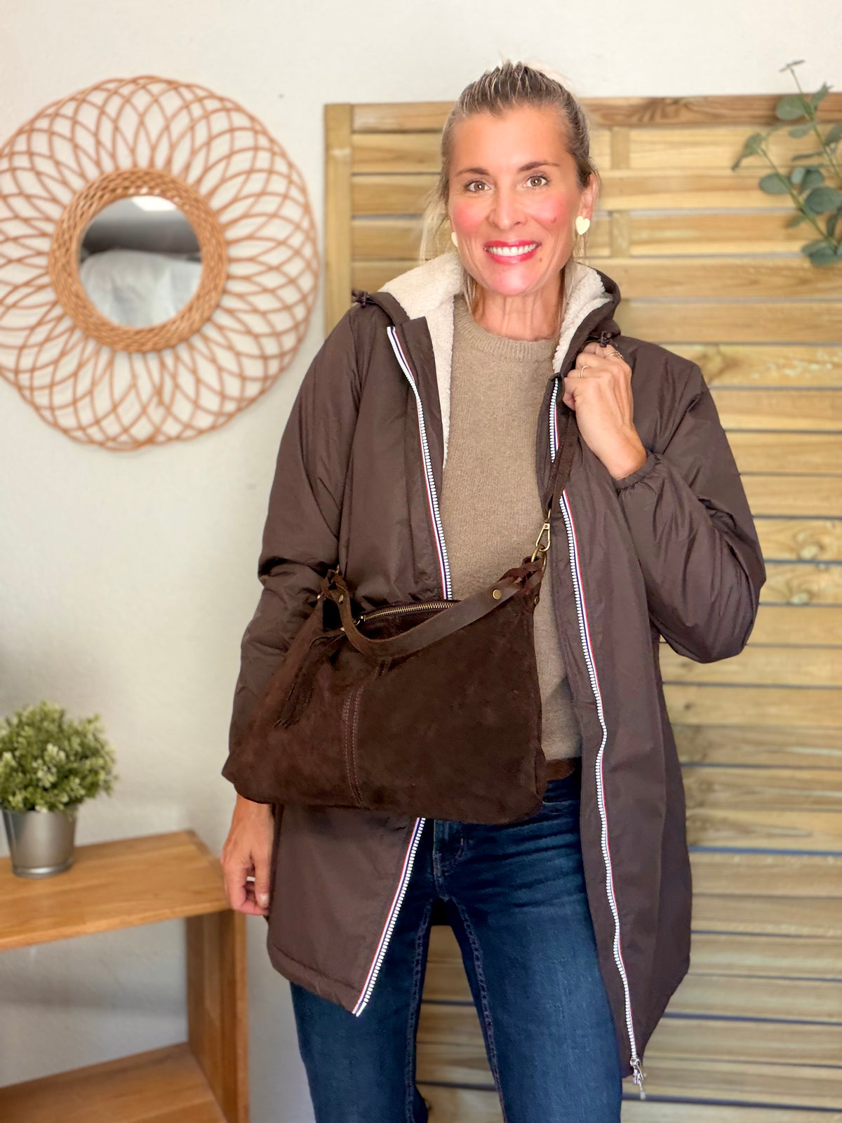 Sac hobo en cuir daim souple, double bandoulière ANDREW Chocolat