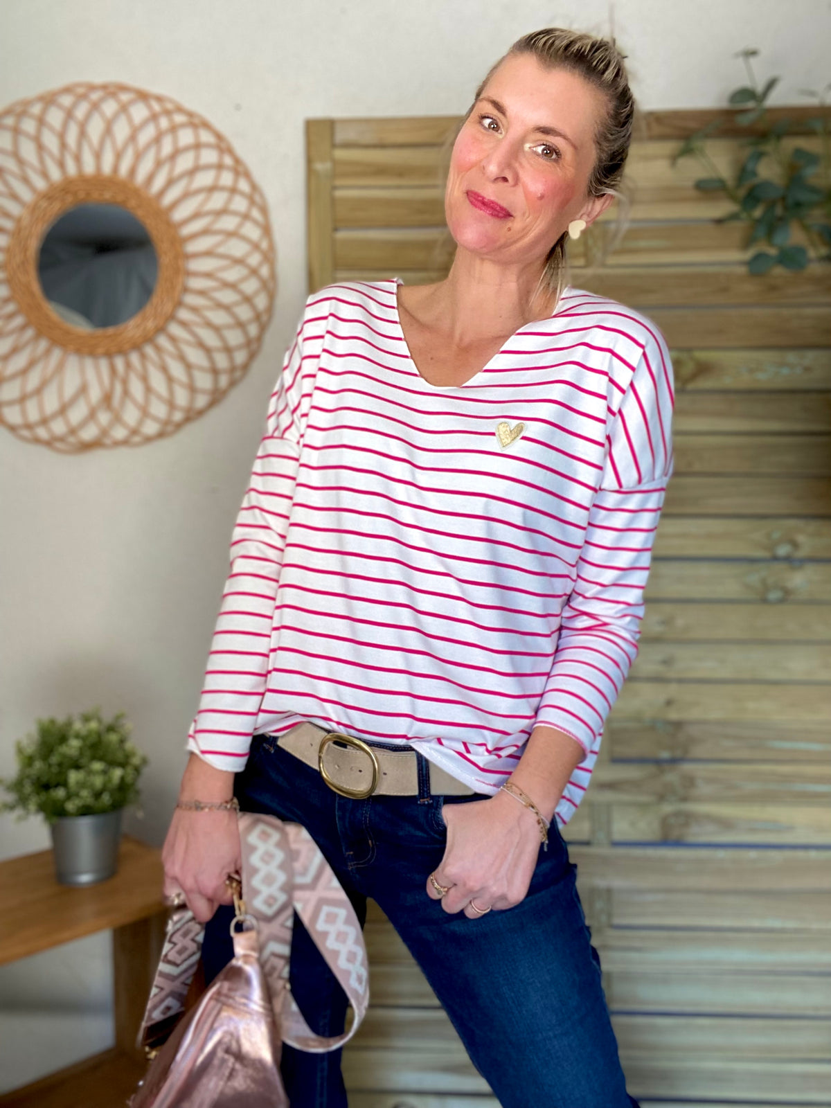 Pull fin rayé col V avec ou sans coeur doré 💛 NOLWENN - Rose fuschia