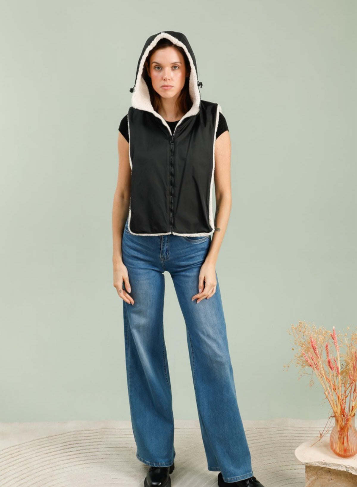 LAURA JO - Col capuche amovible réversible TONY - Noir / Sherpa écru