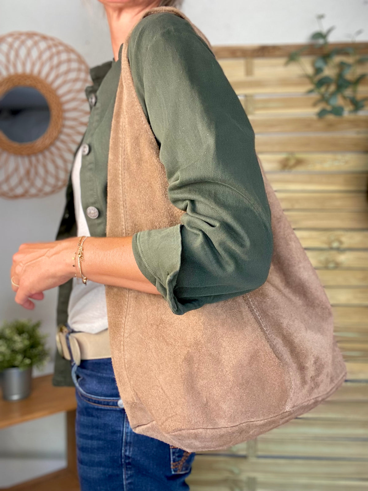 Sac cabas hobo cuir daim MARLON - Beige taupe