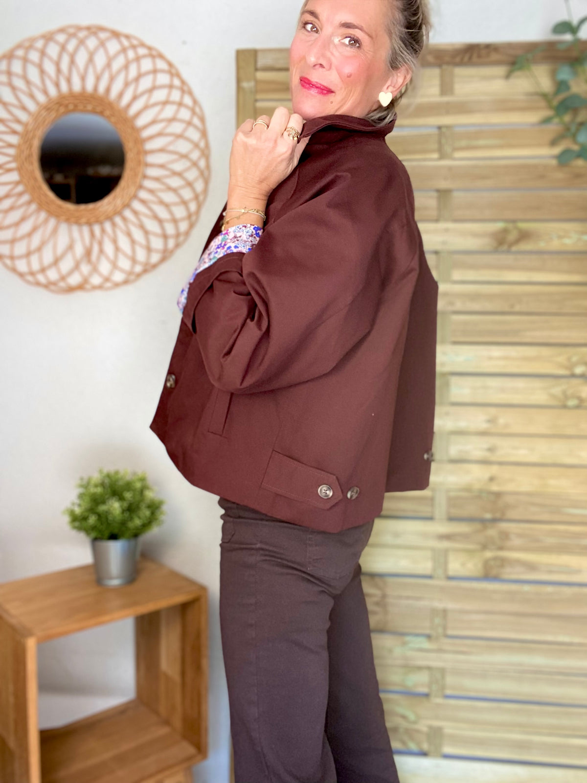 Veste Trench en coton bordeaux foncé avec Liberty - MAHAUT - LILI et LALA - FIN DE SÉRIE