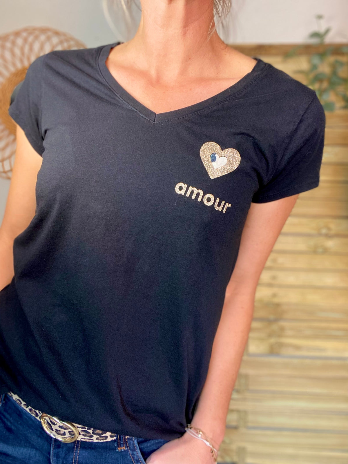 Tee shirt Coeur doré et léo amour 💛🐆 NINA Noir • FIN DE SÉRIE
