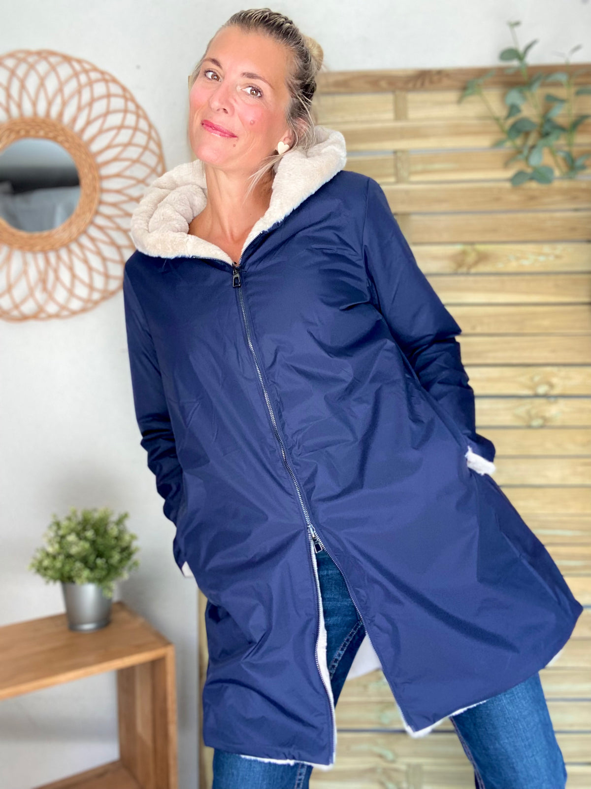 LAURA JO - Parka Imperméable réversible fourrée Bleu marine / Beige ALIX Long