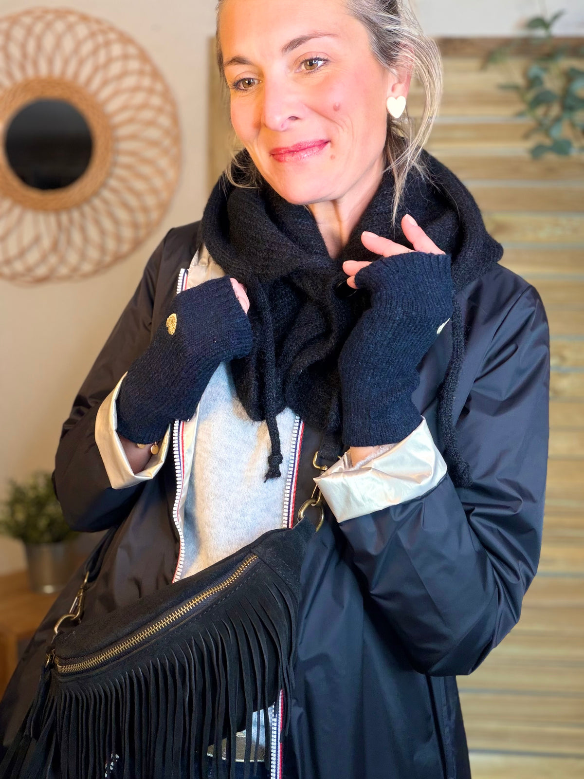 Col cagoule LORIE en maille avec boutons - Noir