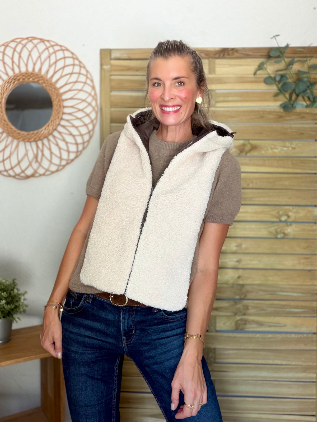 LAURA JO - Col capuche amovible réversible TONY - Choco / Sherpa écru