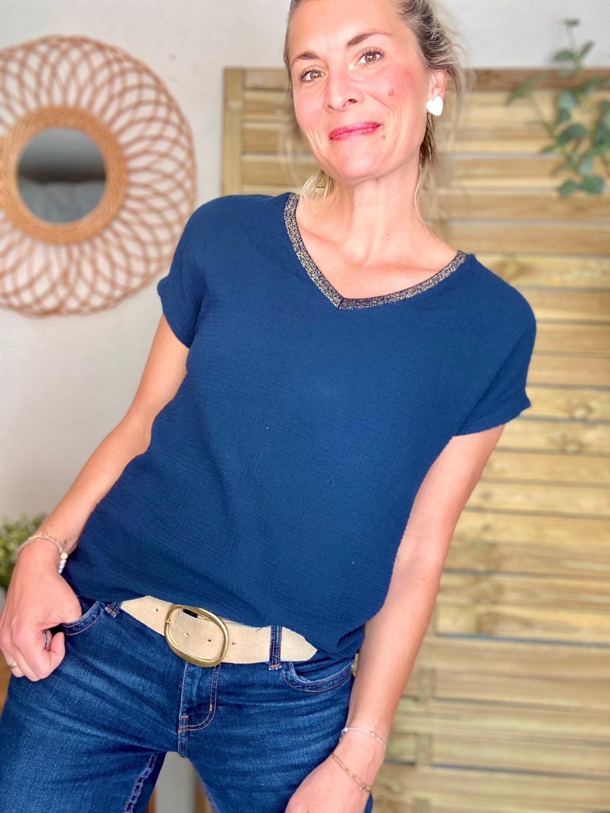 Top en gaze de coton et lurex MARTA - Bleu marine