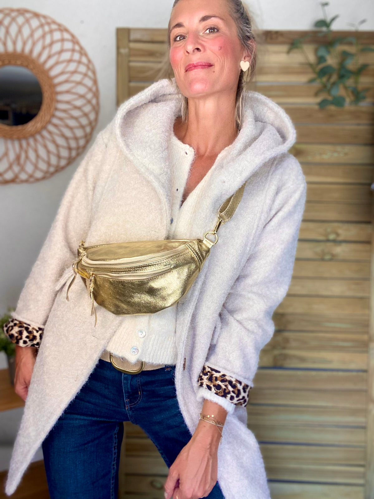 Sac banane en cuir irisé double poche - OPALE - Doré / doré