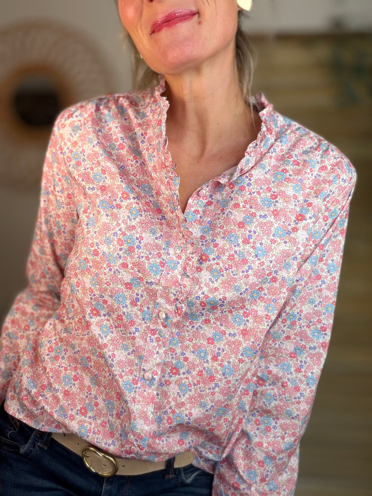 Chemise imprimée Liberty rose clair, col volanté SOLANE (DÉSTOCKAGE sur Taille S)