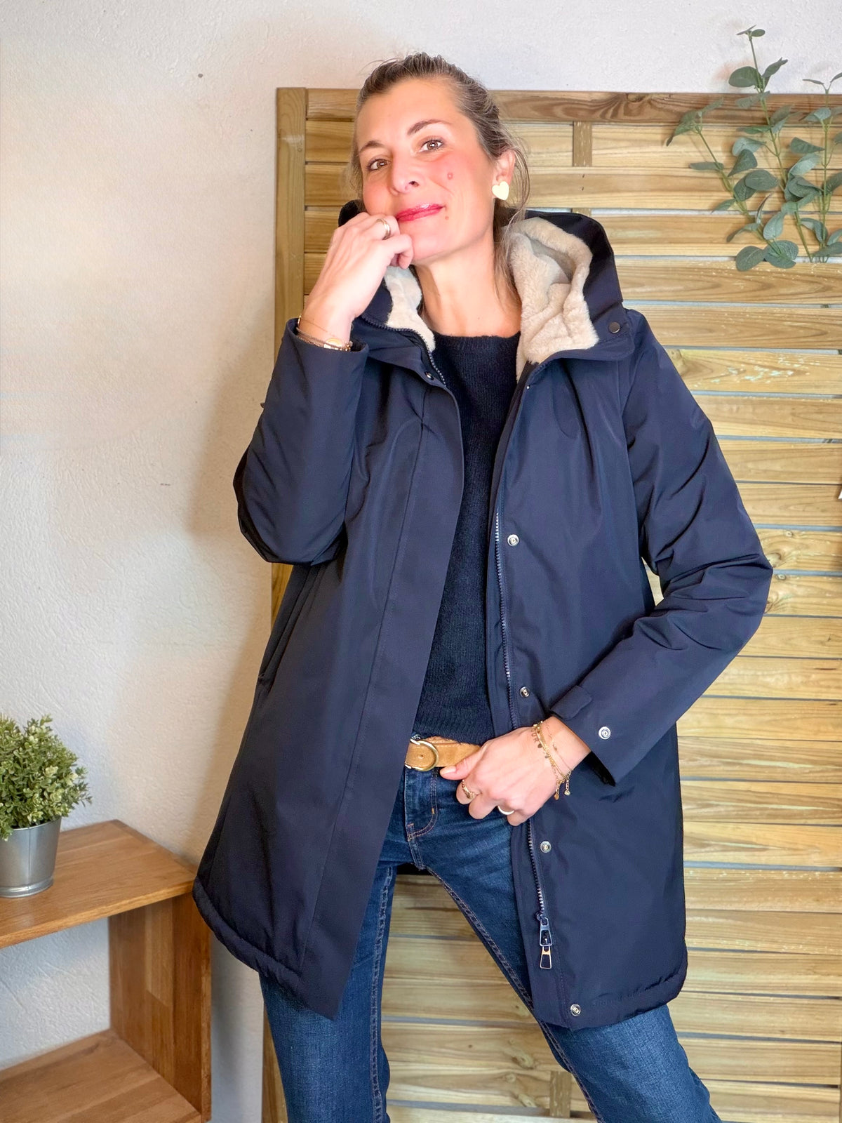 LAURA JO - Parka fourrée imperméable AMBRE LONG - Bleu marine / Beige
