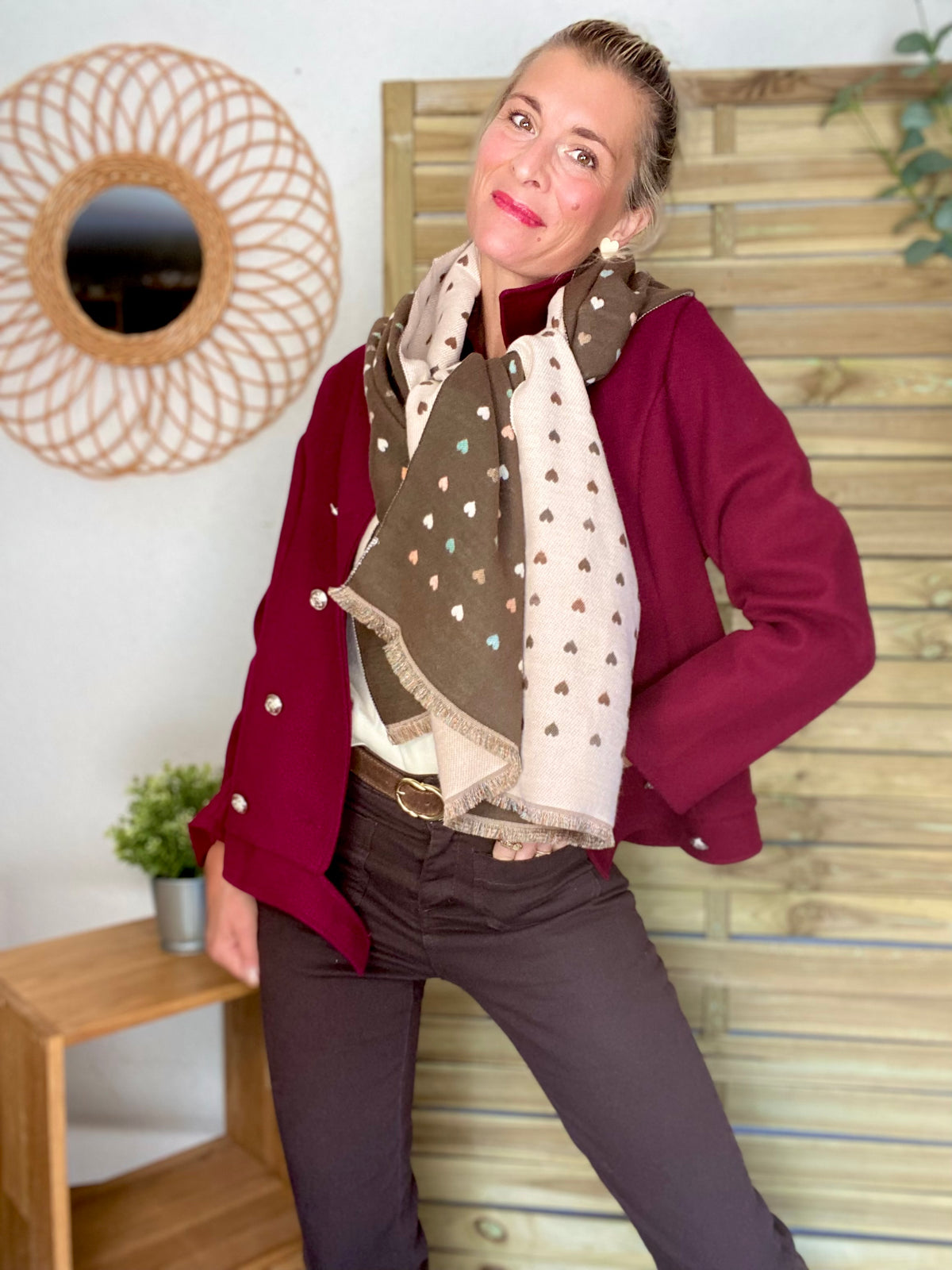 Écharpe douce réversible Coeurs SIMONE - Choco / Beige 💙🩷💛