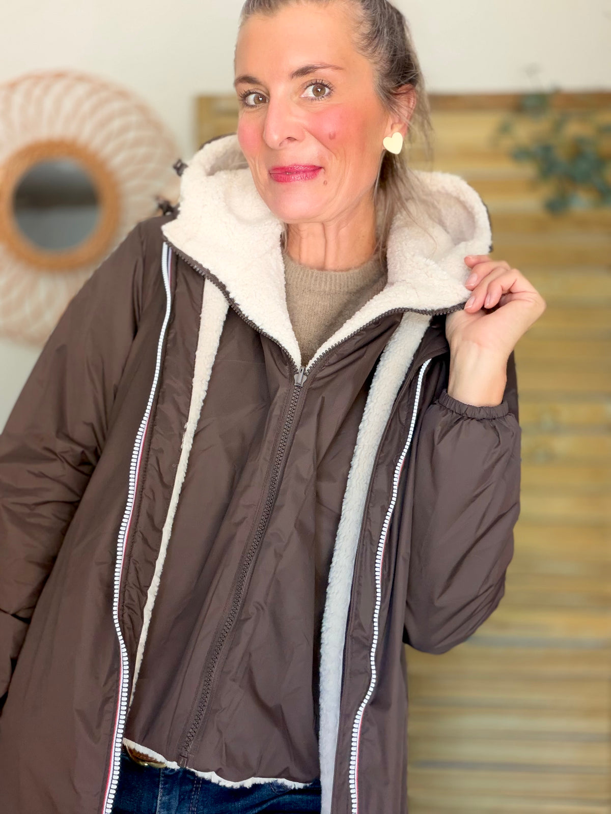 LAURA JO - Col capuche amovible réversible TONY - Choco / Sherpa écru