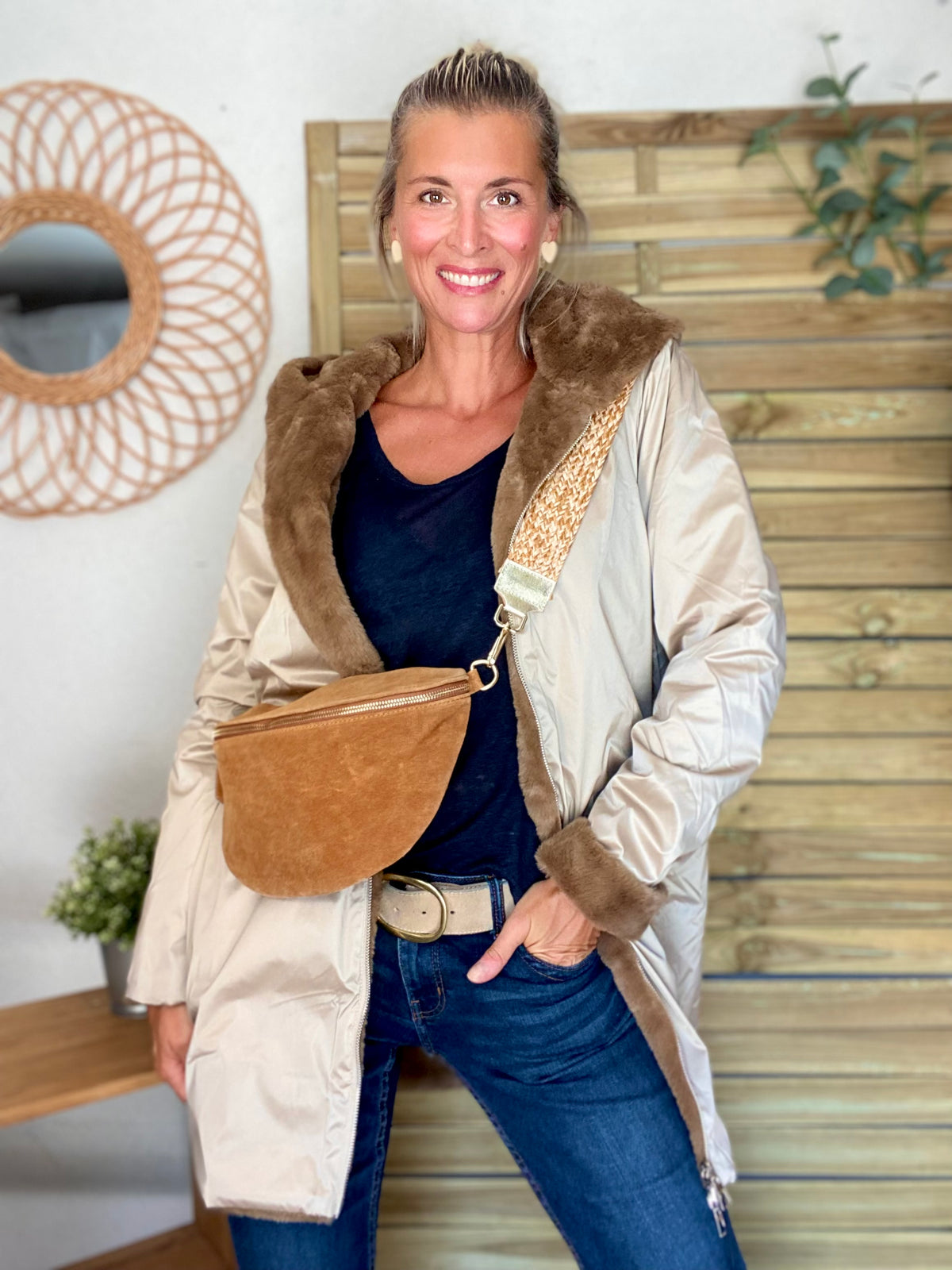 LAURA JO - Parka Imperméable réversible fourrée Sable irisé / Camel ALIX Long
