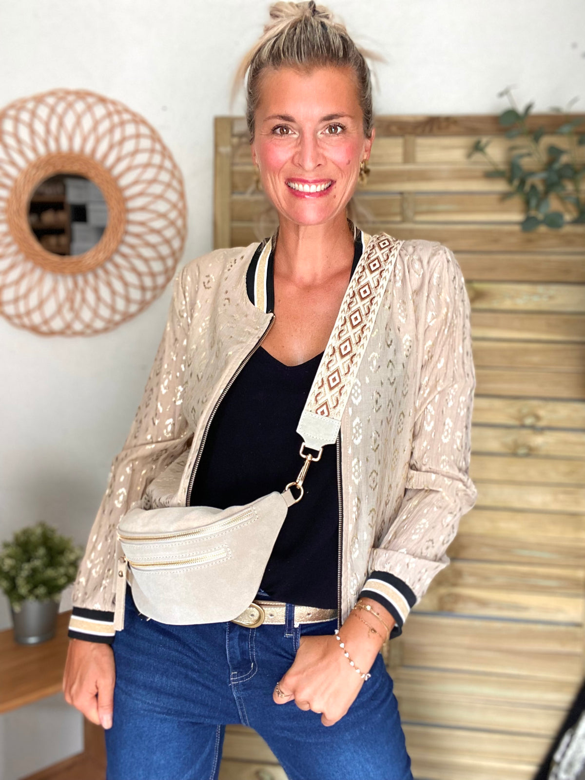 Veste bombers léger EMILY - imprimé Doré Beige (losanges)
