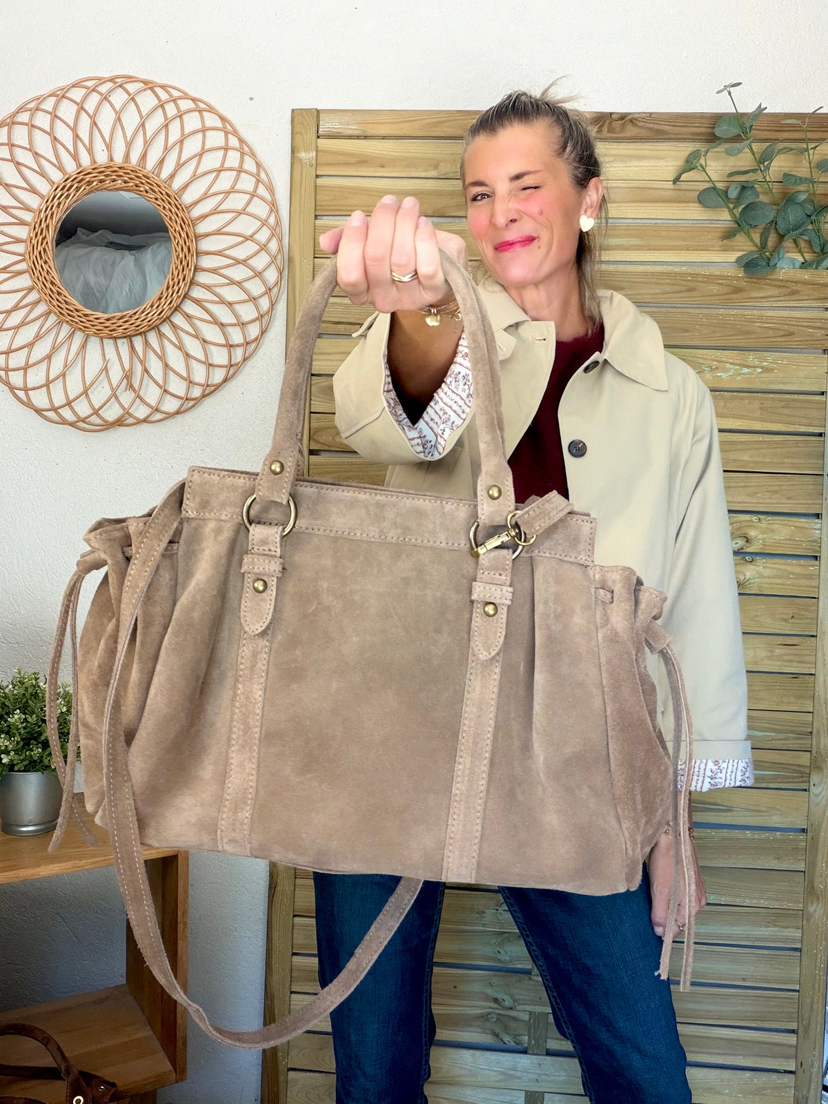 Sac cabas XL en cuir daim • PARKER Taupe
