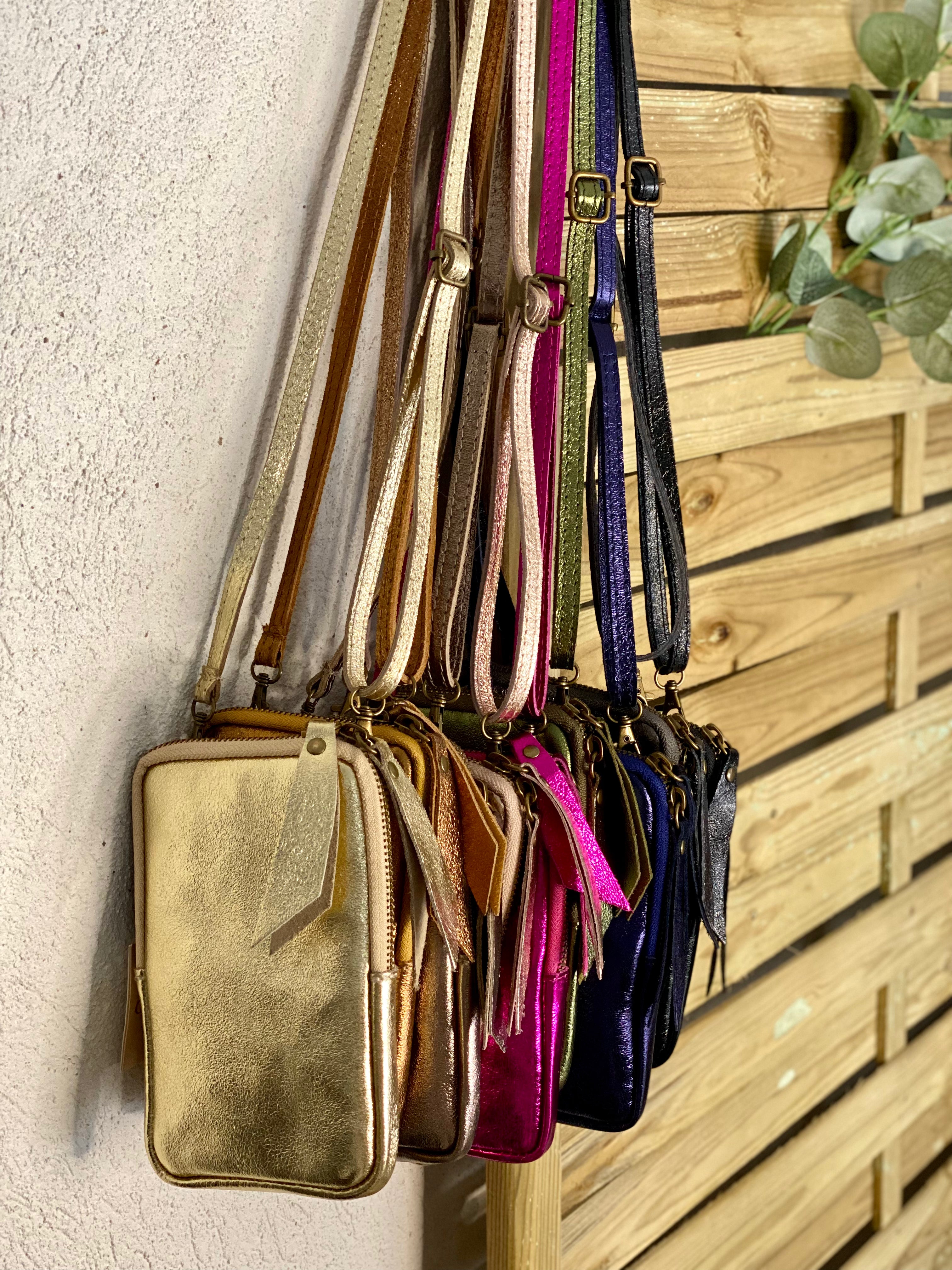 Pochette bandoulière pour téléphone en cuir irisé - STELLA - Kaki - FIN DE SÉRIE