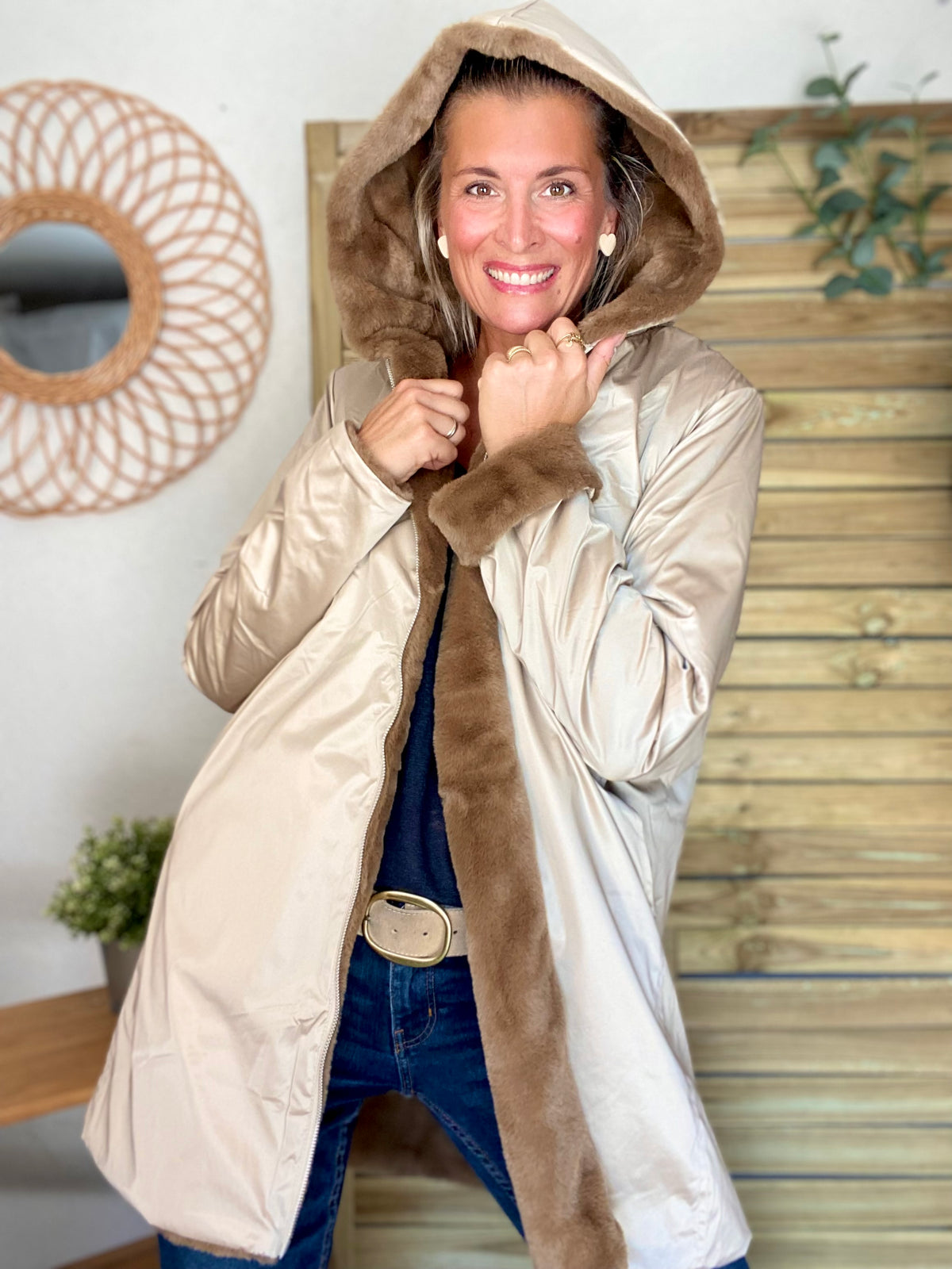 LAURA JO - Parka Imperméable réversible fourrée Sable irisé / Camel ALIX Long