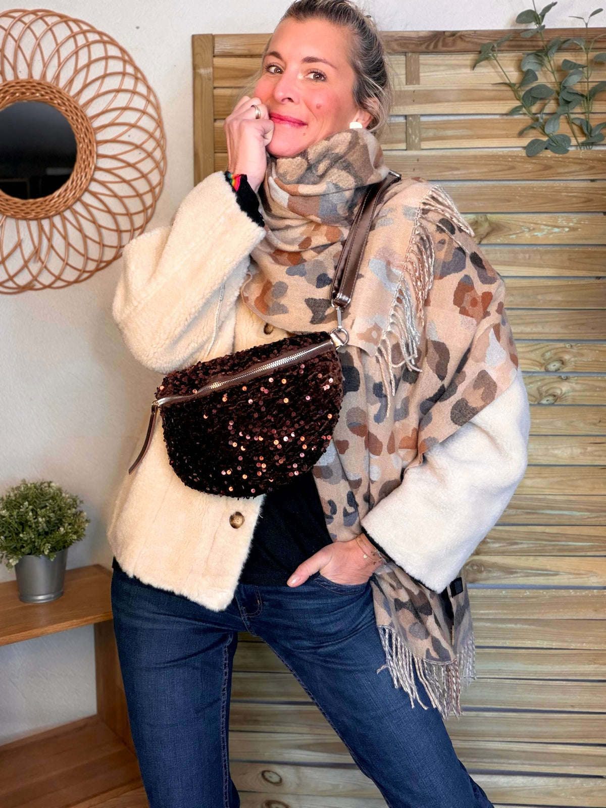 Écharpe douce AGNÈS Léo multico Camel 🐆