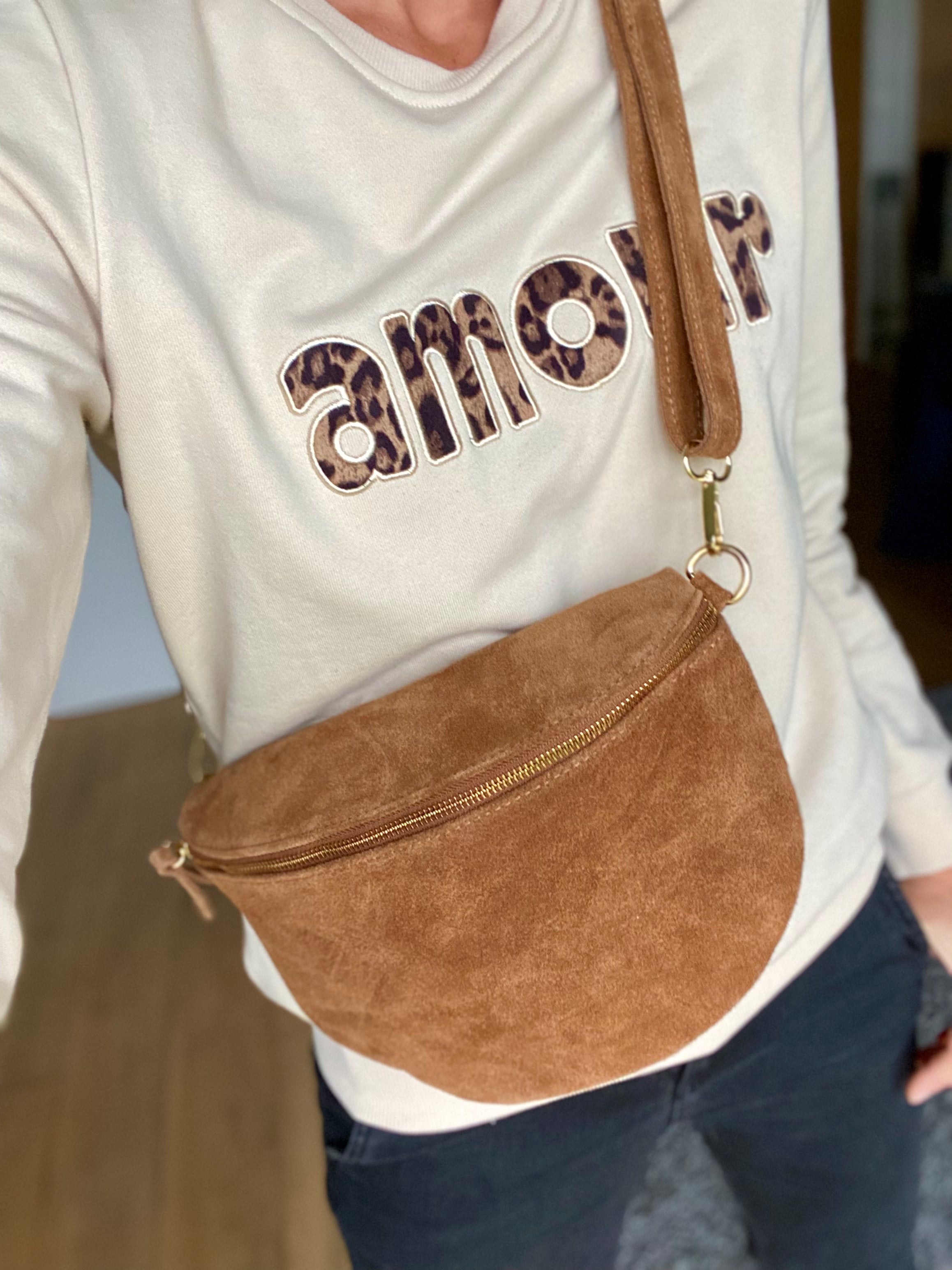 Sac banane XL en cuir velours 30cm JUDY - Camel