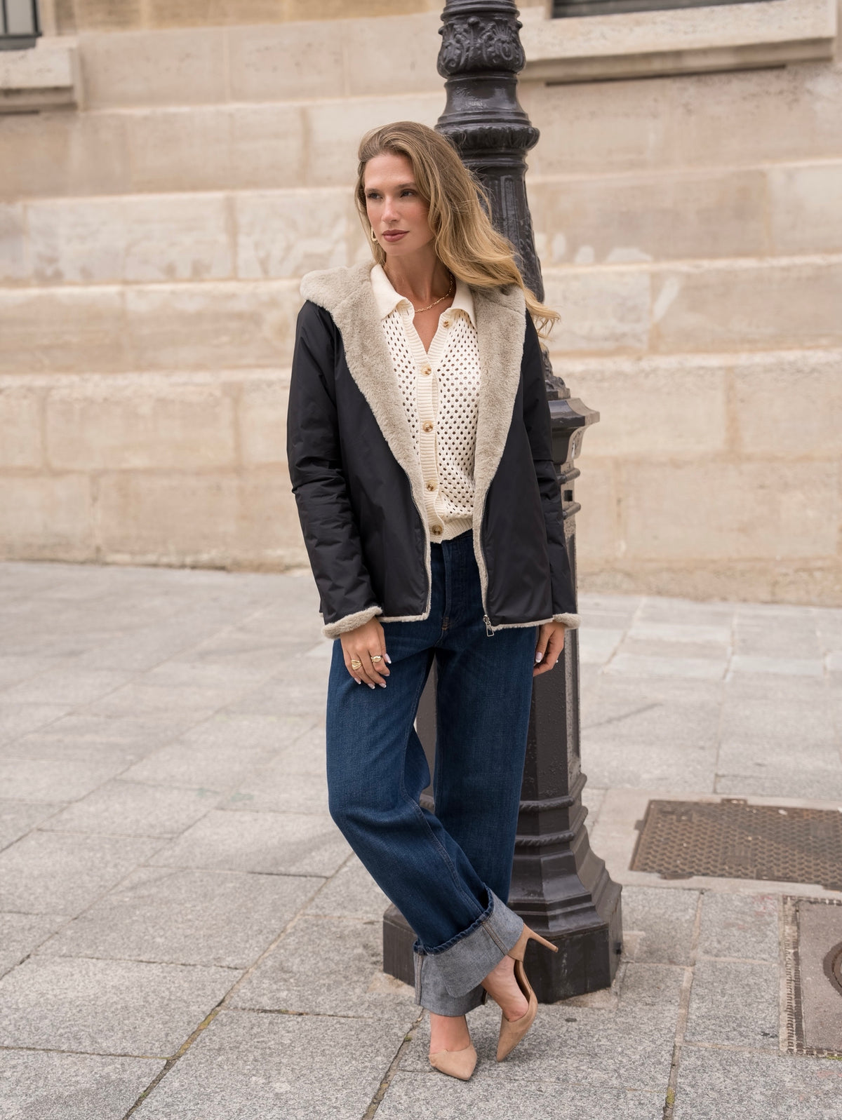 LAURA JO - Parka Imperméable réversible fourrée Noir / Beige ALIX Court