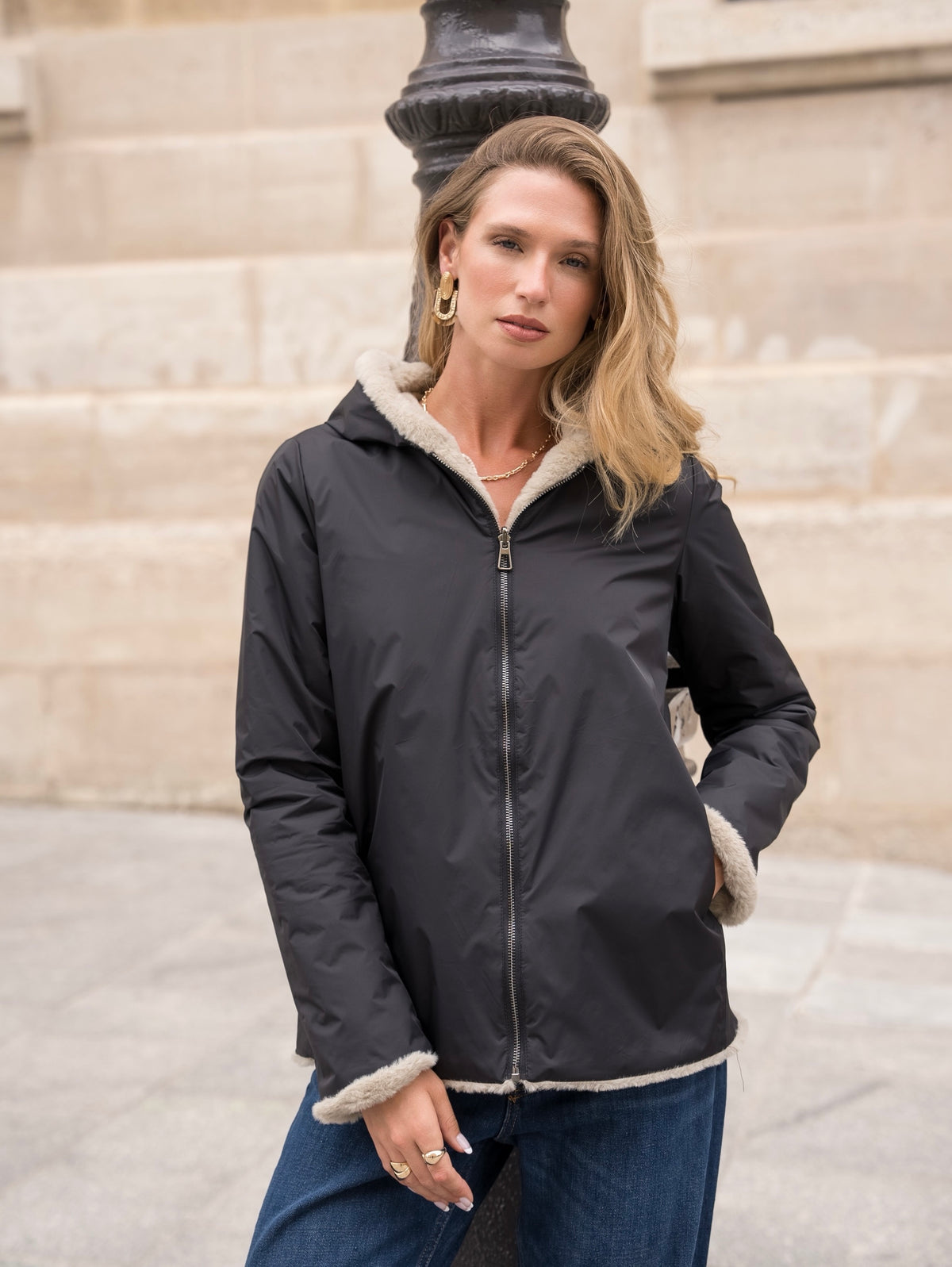 LAURA JO - Parka Imperméable réversible fourrée Noir / Beige ALIX Court