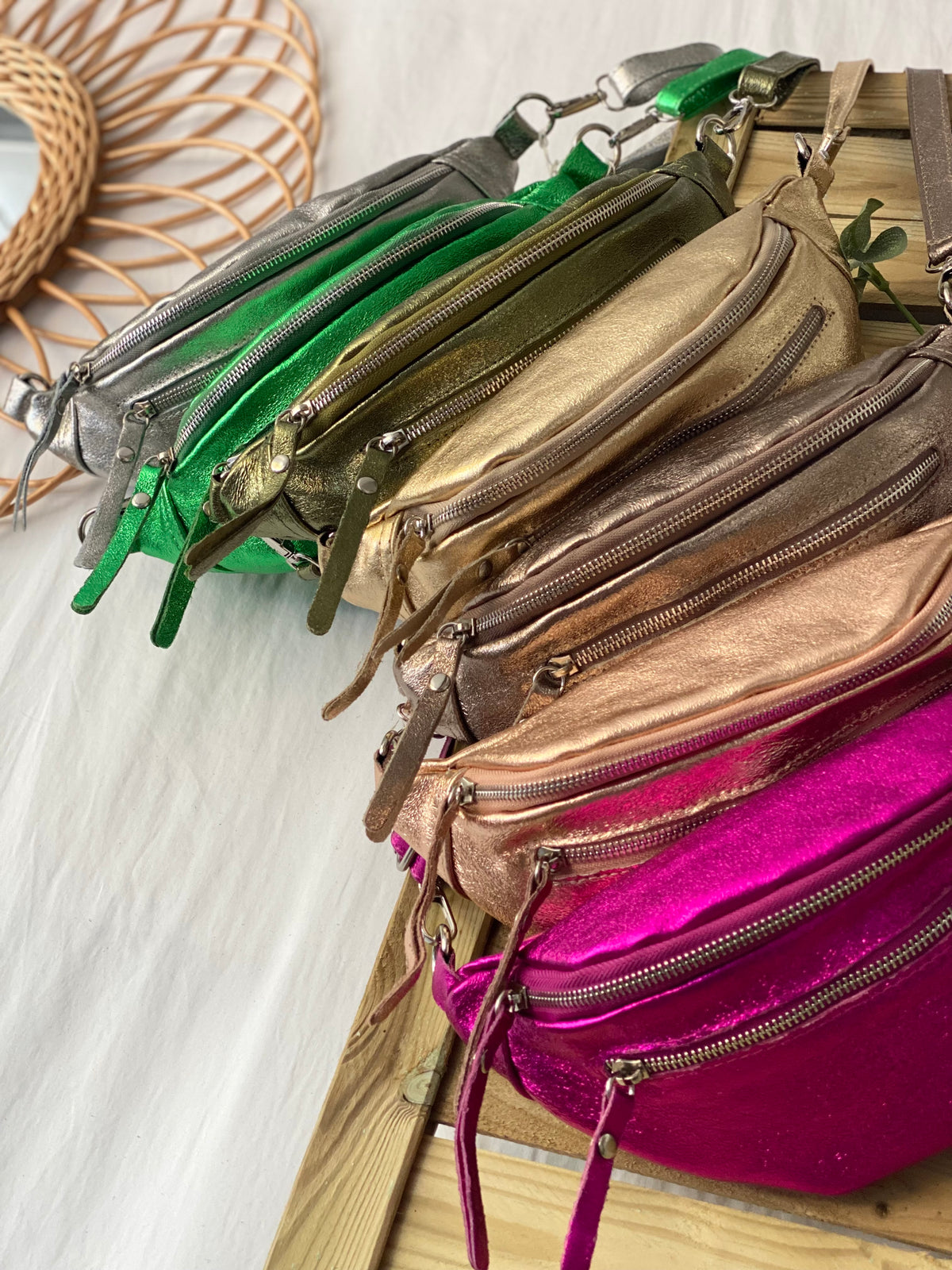 Sac banane en cuir irisé double poche - OPALE - Doré / argent