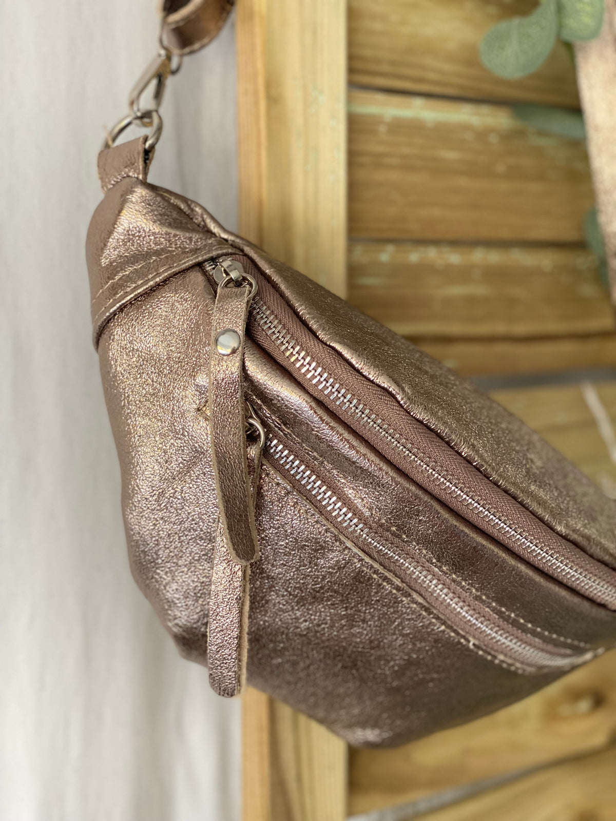 Sac banane en cuir irisé double poche - OPALE - Bronze / argent