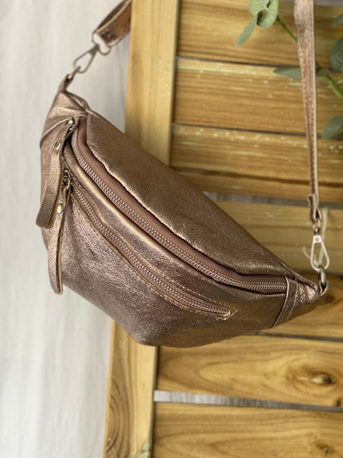 Sac banane en cuir irisé double poche - OPALE - Bronze / argent
