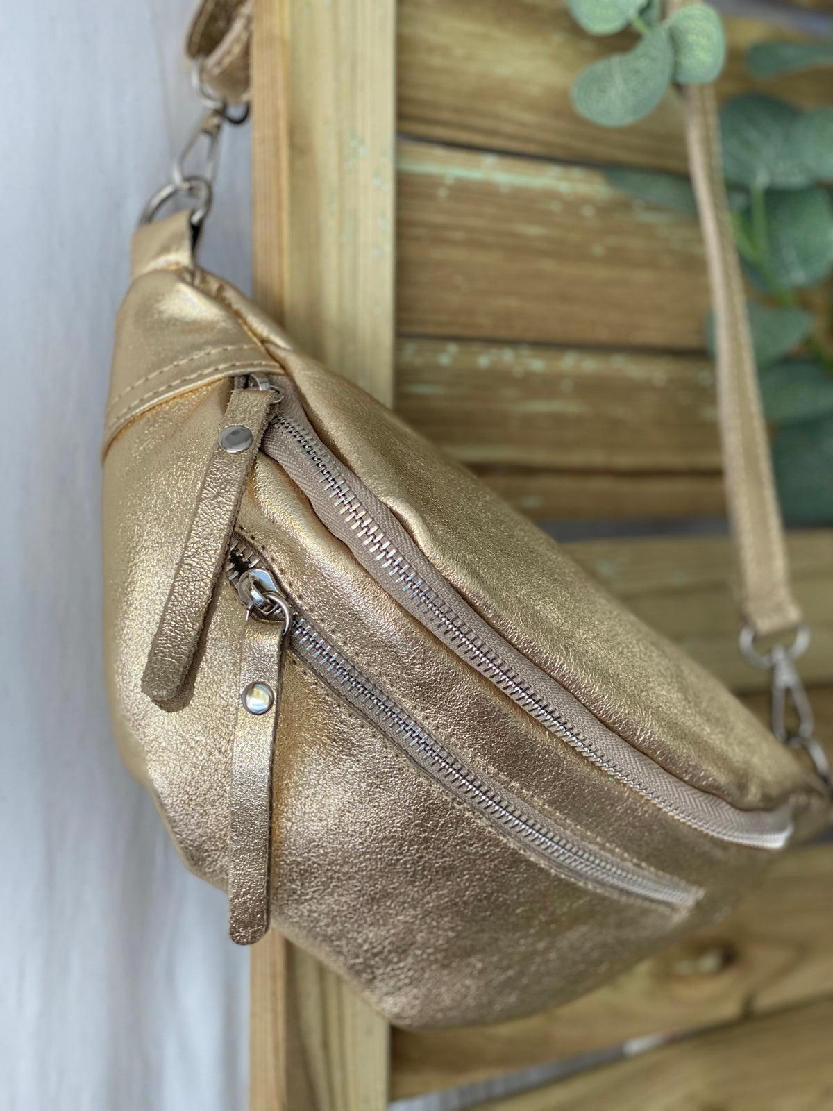 Sac banane en cuir irisé double poche - OPALE - Doré / argent