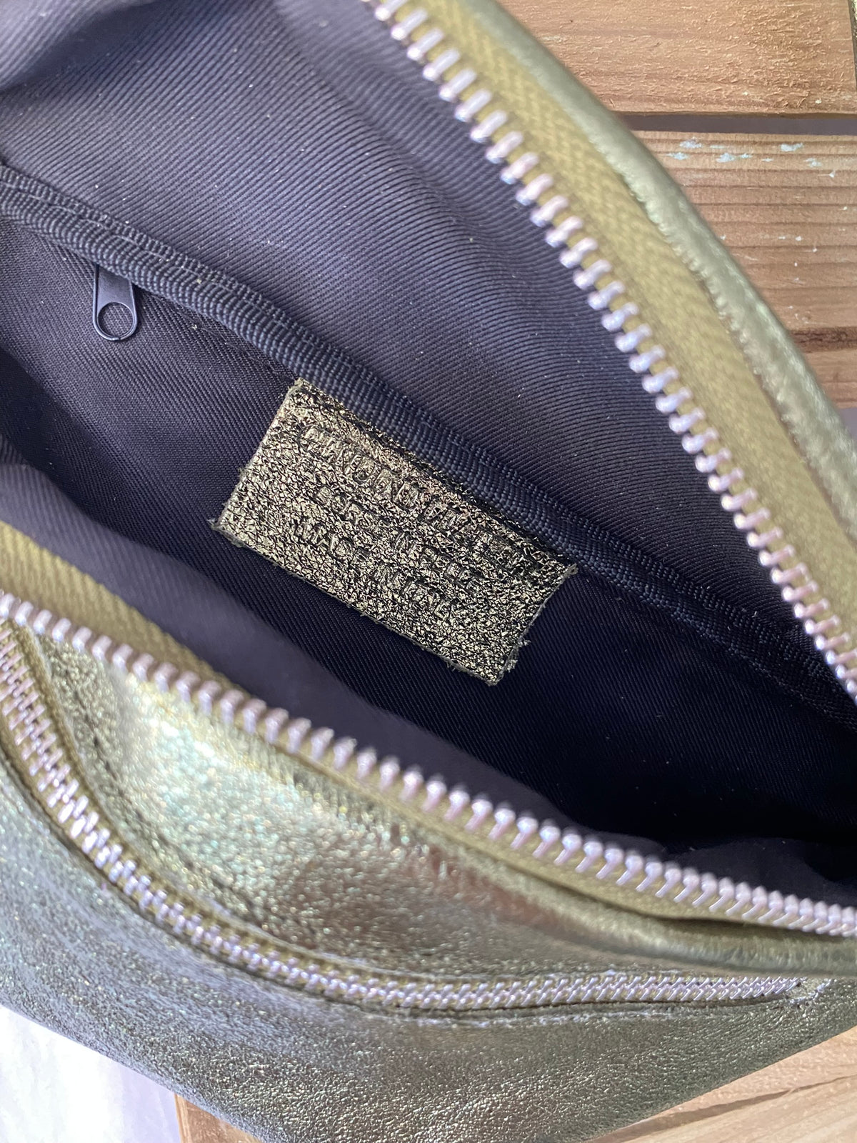 Sac banane en cuir irisé double poche - OPALE - Kaki