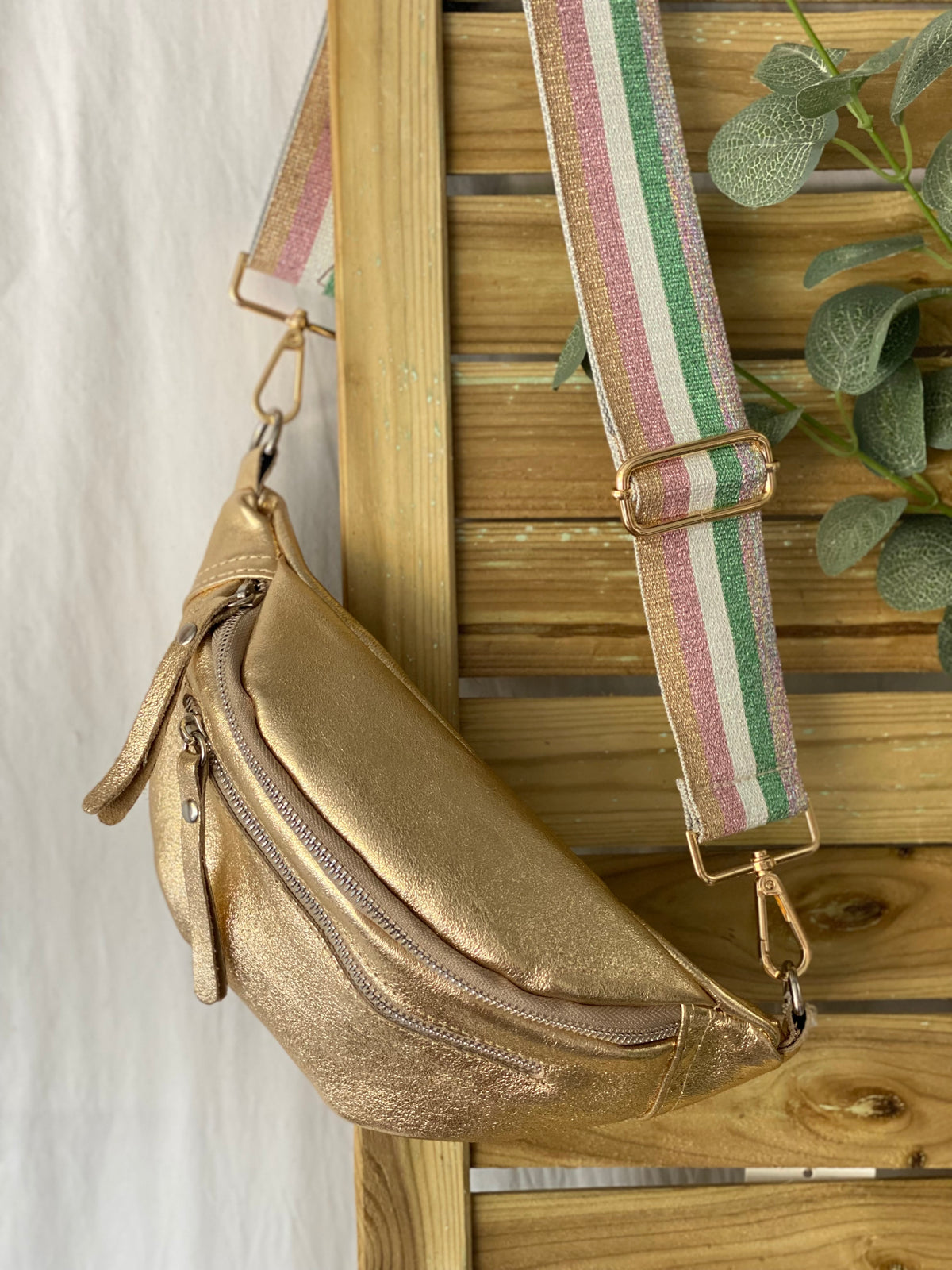 Sac banane en cuir irisé double poche - OPALE - Doré / argent