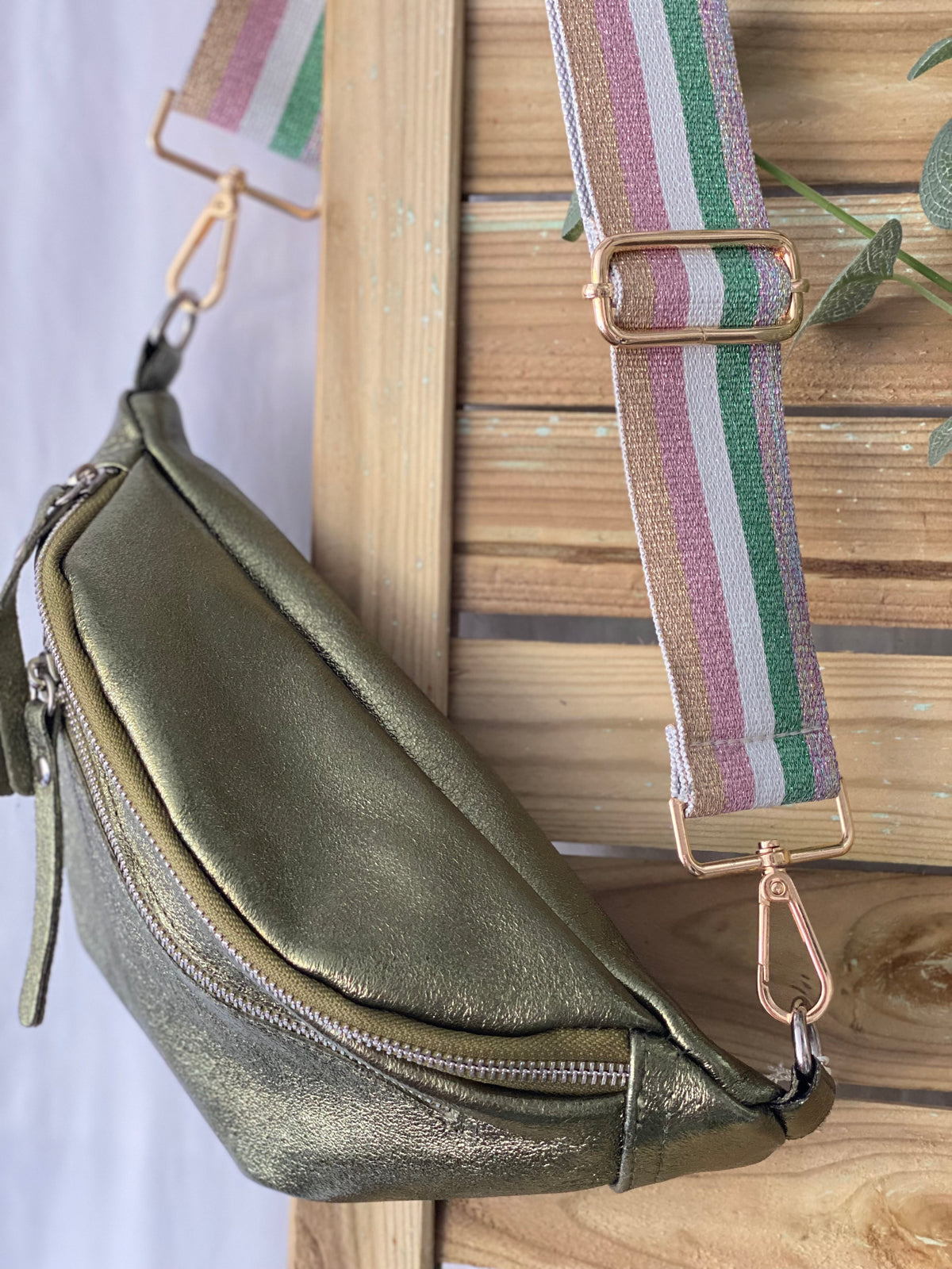 Sac banane en cuir irisé double poche - OPALE - Kaki