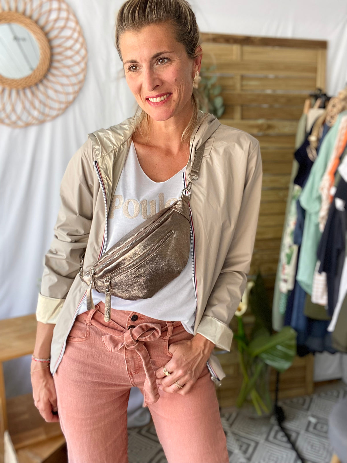 Sac banane en cuir irisé double poche - OPALE - Bronze / argent