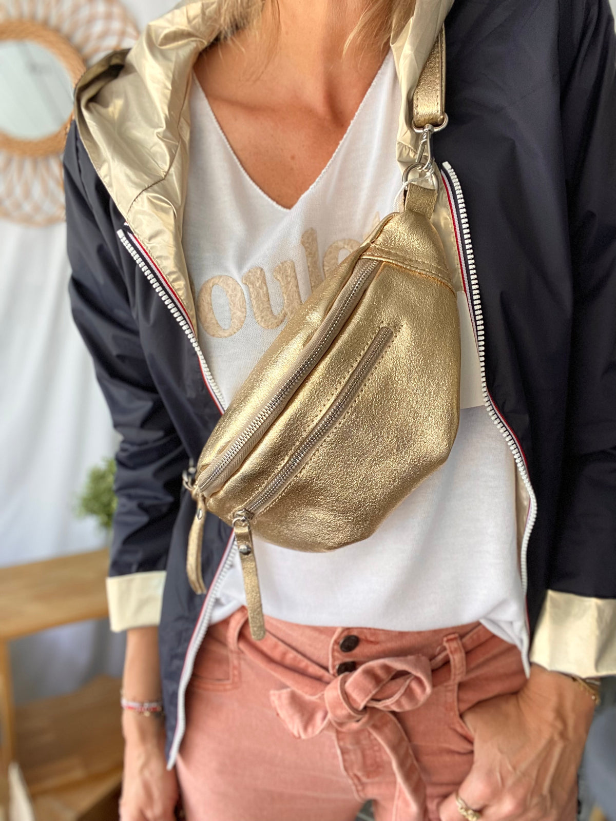 Sac banane en cuir irisé double poche - OPALE - Doré / argent