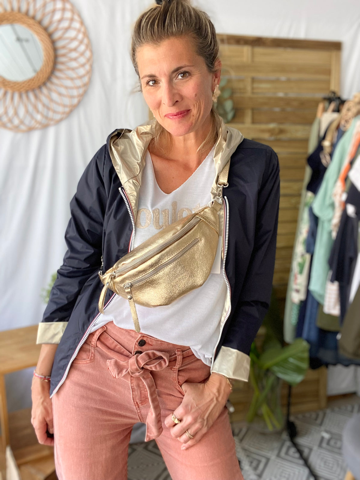 Sac banane en cuir irisé double poche - OPALE - Doré / argent