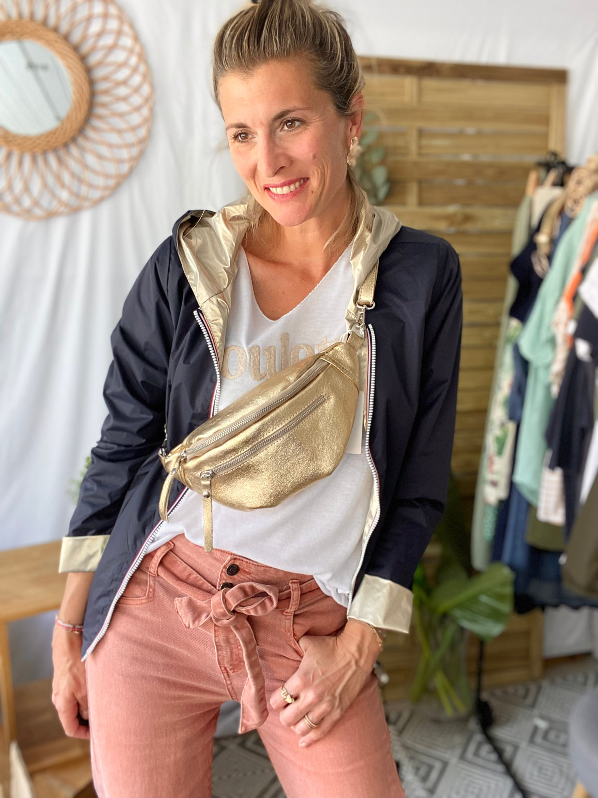 Sac banane en cuir irisé double poche - OPALE - Doré / argent