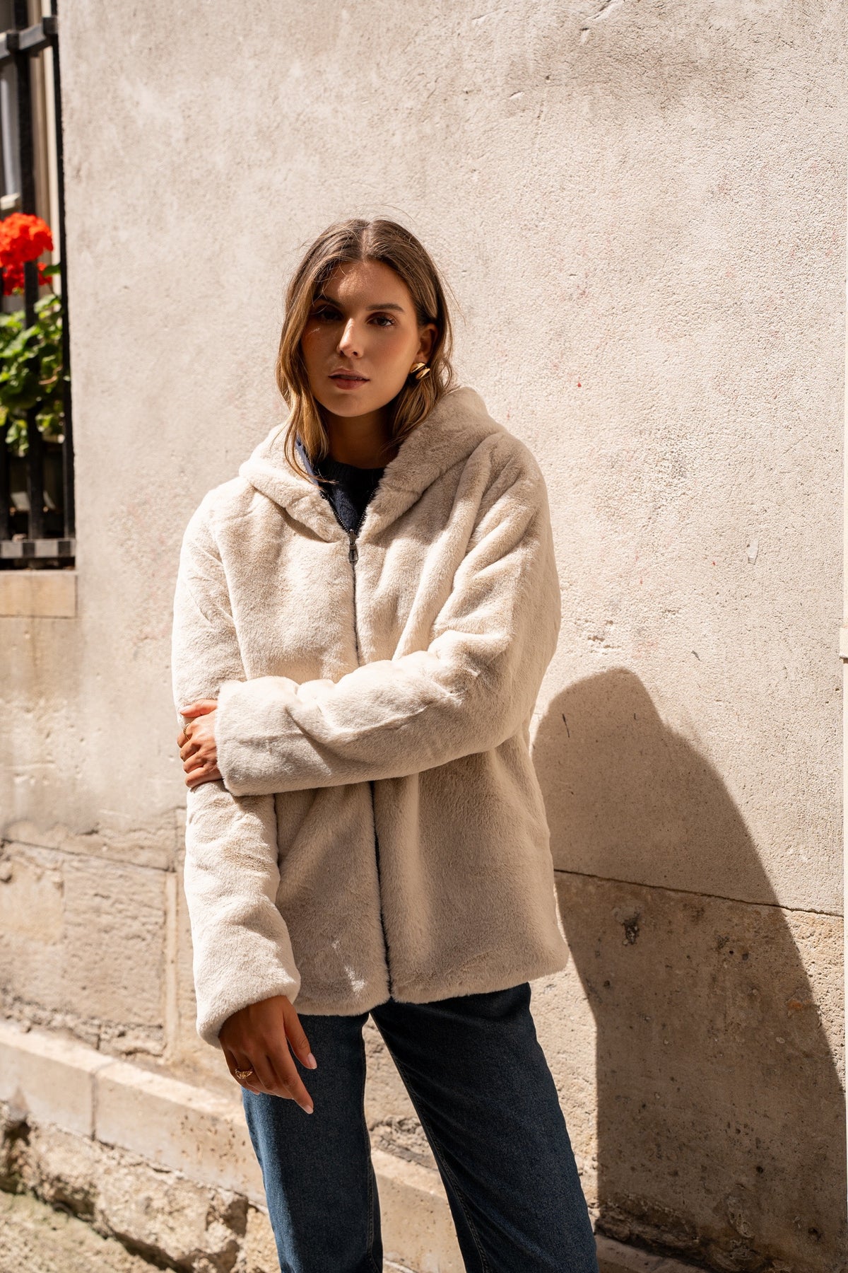 LAURA JO - Parka Imperméable réversible fourrée Marine / Beige ALIX Court • DÉSTOCKAGE