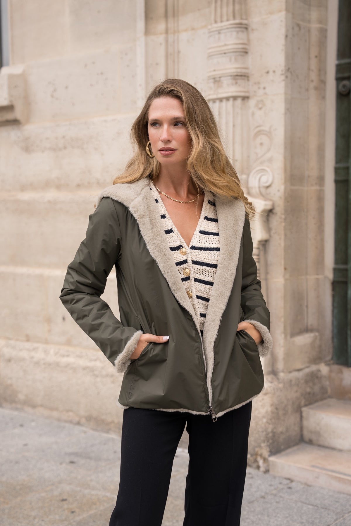 LAURA JO - Parka Imperméable réversible fourrée Kaki / Beige ALIX Court