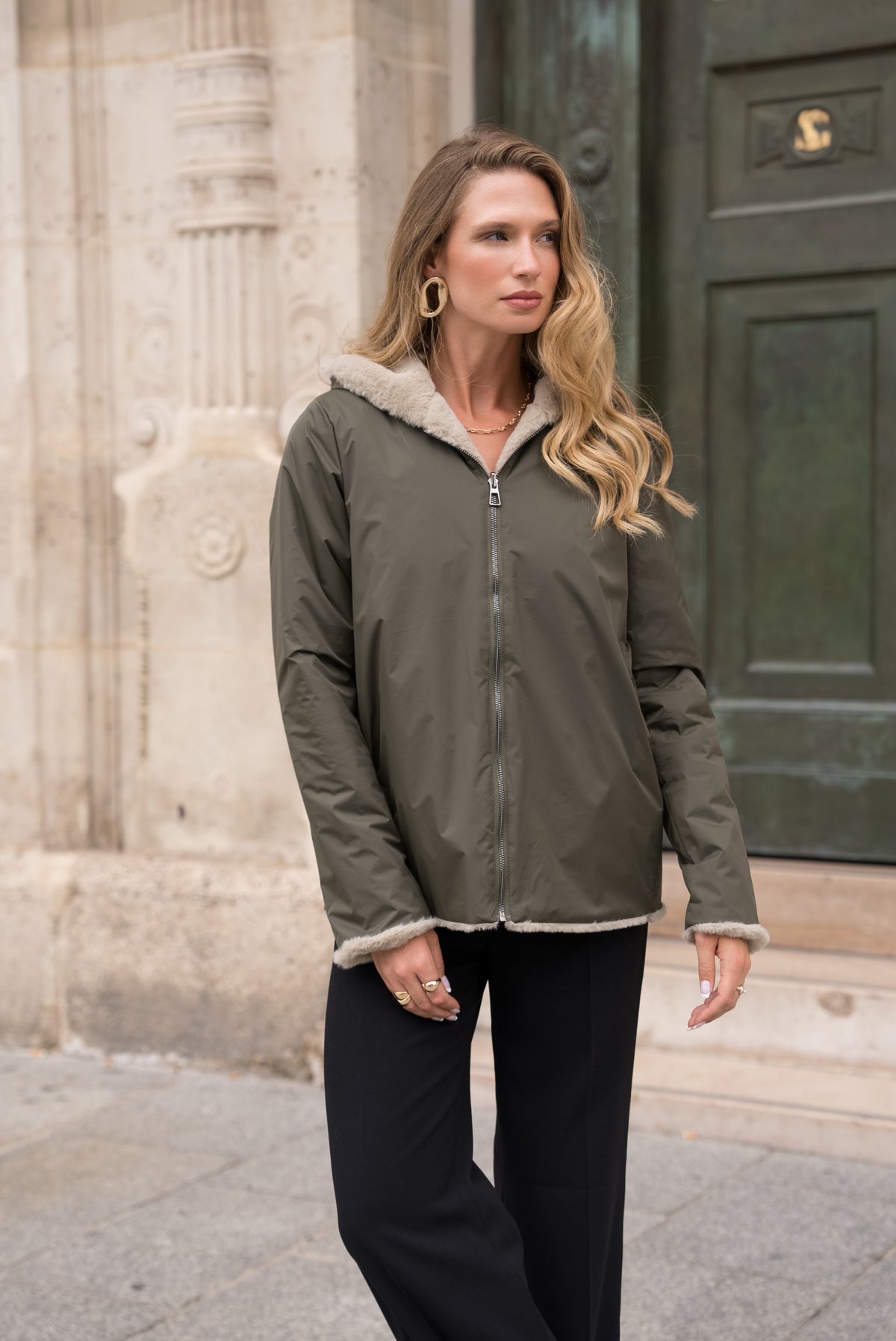 LAURA JO - Parka Imperméable réversible fourrée Kaki / Beige ALIX Court