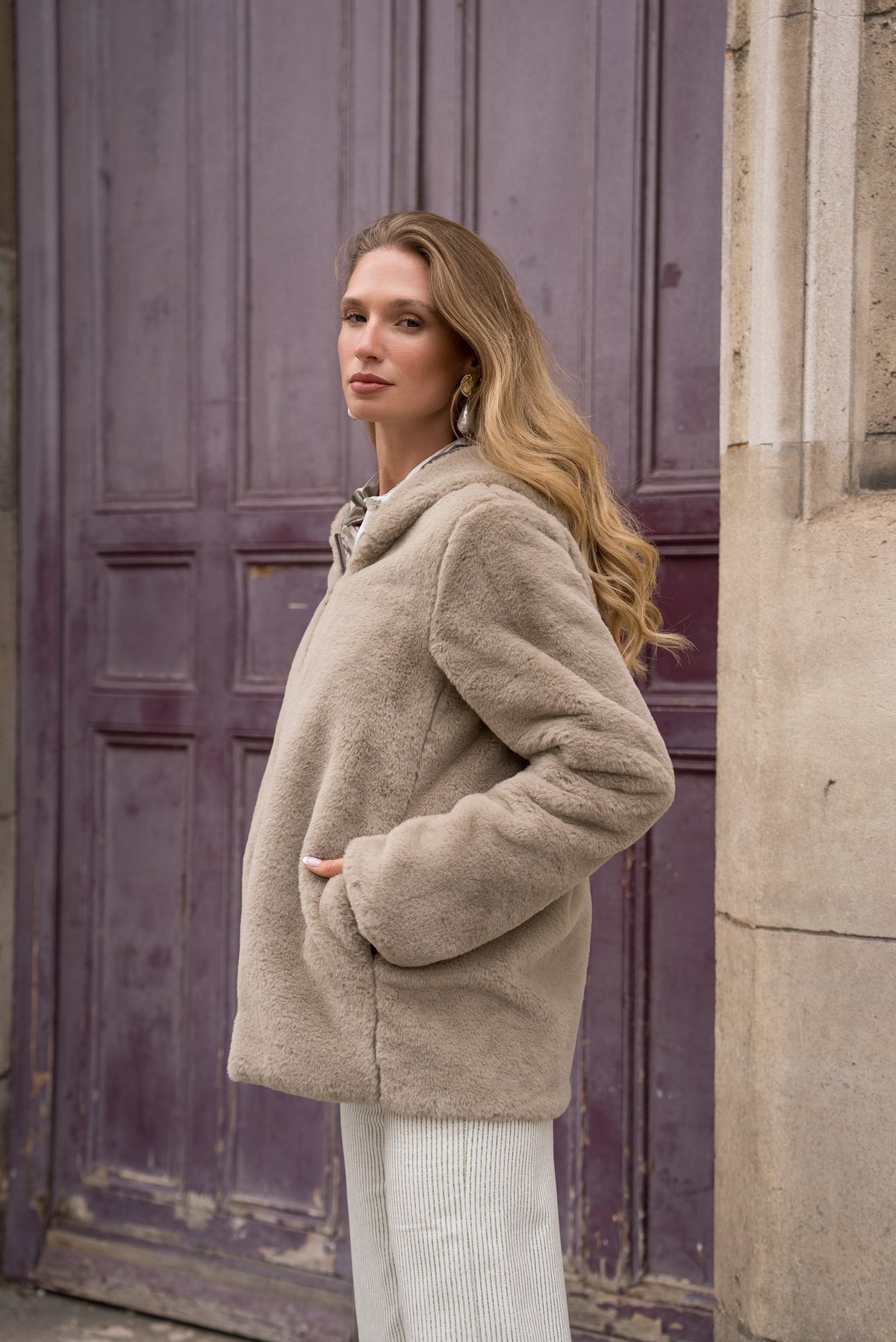 LAURA JO - Parka Imperméable réversible fourrée Kaki / Beige ALIX Court